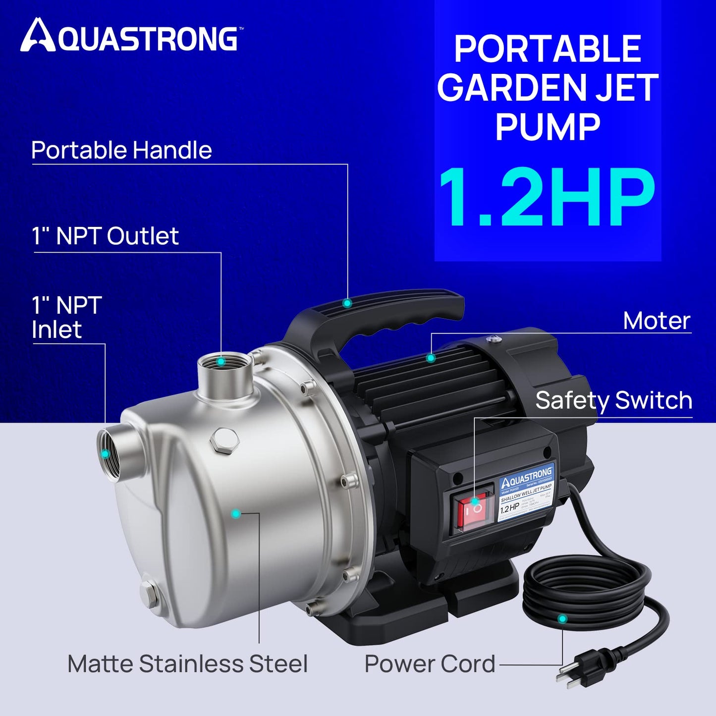 Aquastrong 115V Shallow Well Garden Pump, Stainless Steel, 1210 GPH, Water Transfer Draining Irrigation Sprinkler Pump, for Lawn,Garden,1.2 HP Portable