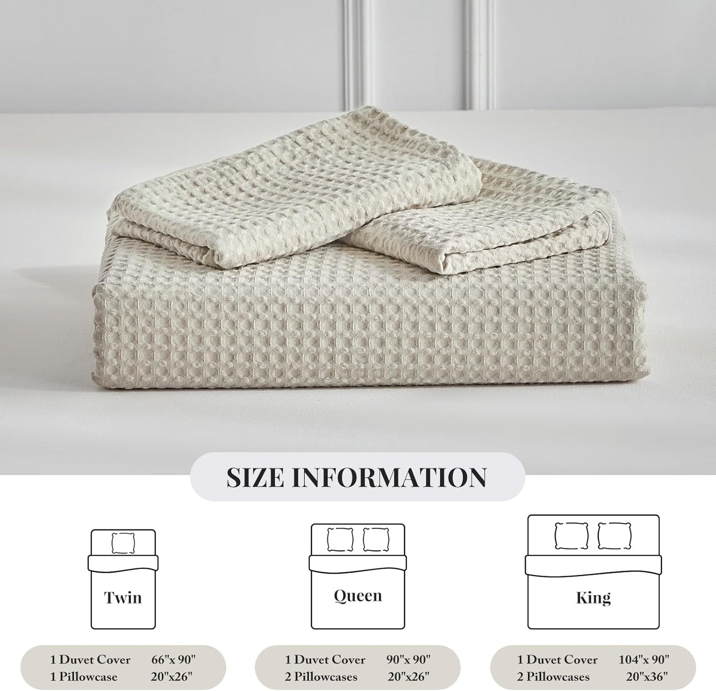 WARMDERN Waffle Weave Duvet Cover Set - Soft & Breathable Queen Size Bedding in Khaki | 3-Piece Microfiber Set