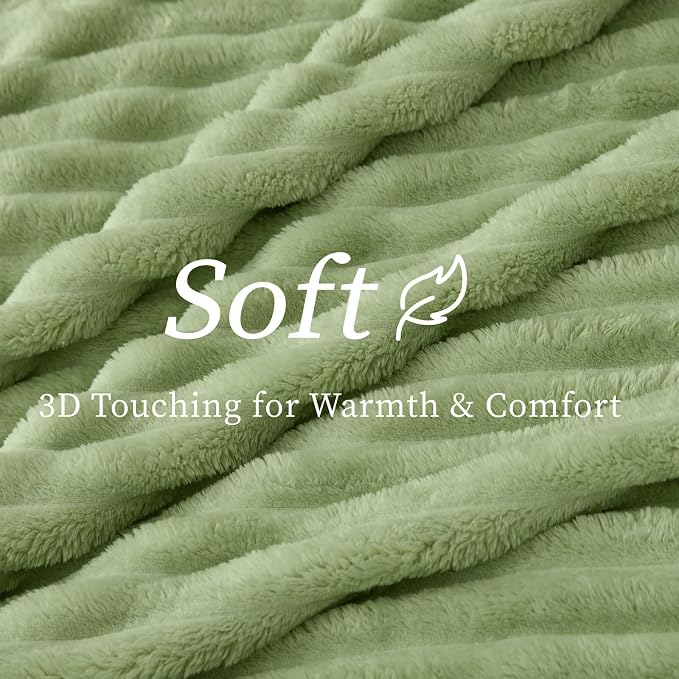 BEDELITE Fleece Throw Blanket for Couch - 300GSM Soft & Warm Fluffy Sage Green Blanket, Decorative and Giftable Striped Blankets for Women, Men, 50"x60"