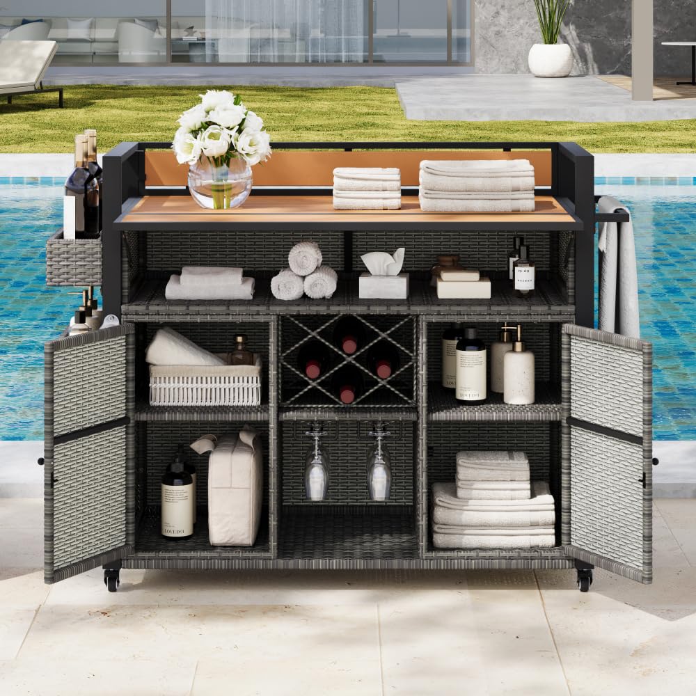 Dfchlda 52.8" Wicker Outdoor Grill Cart with Extended Plastic Wood Table Top, Rolling Kitchen Island with Storage Cabinet, Double Handle Design for Patio, Backyard, Garden, Poolside(Black Brown)