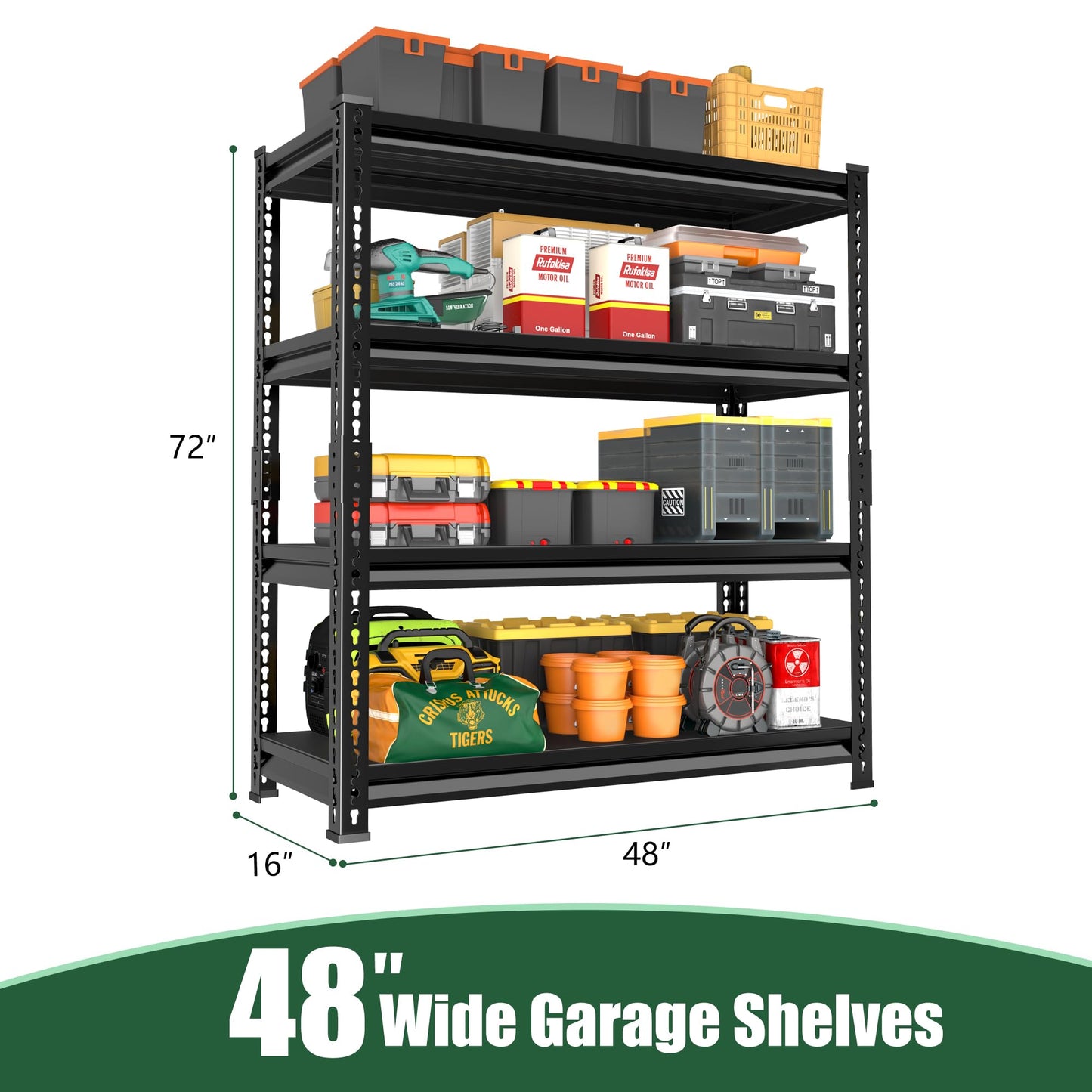 Rufokisa 48" W Garage Shelving Heavy Duty，2000LBS Loads Adjustable Garage Storage Shelves, 4-Tier Metal Shelving Units and Storage Racks Heavy Duty, 48”W x 16”D x 72”H，Black