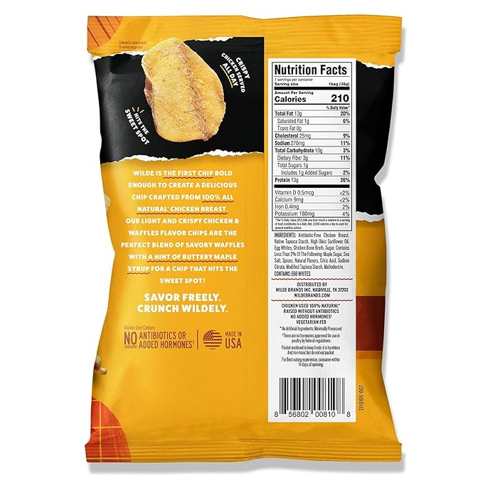 WILDE Protein Chips Chicken & Waffles, High Protein Snacks for Adults, Keto Chips, Gluten Free, Low Carb Snack Box Made with Real Ingredients 1.34oz Bags, Pack of 12