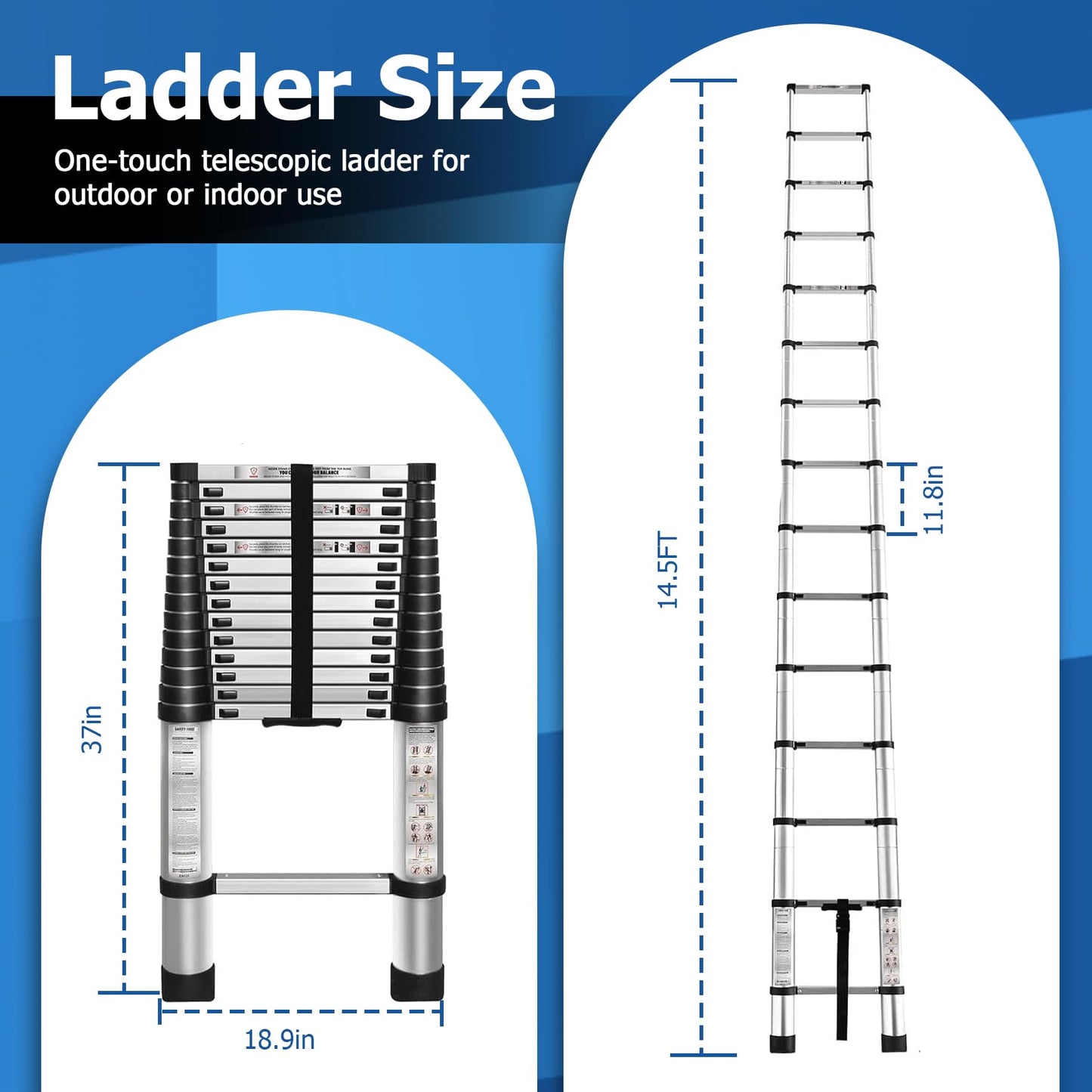 WFLNHB 14.5 FT Telescoping Ladder One Button Retraction Aluminum Extension Ladder Collapsible Suitable for Outdoor or Indoor