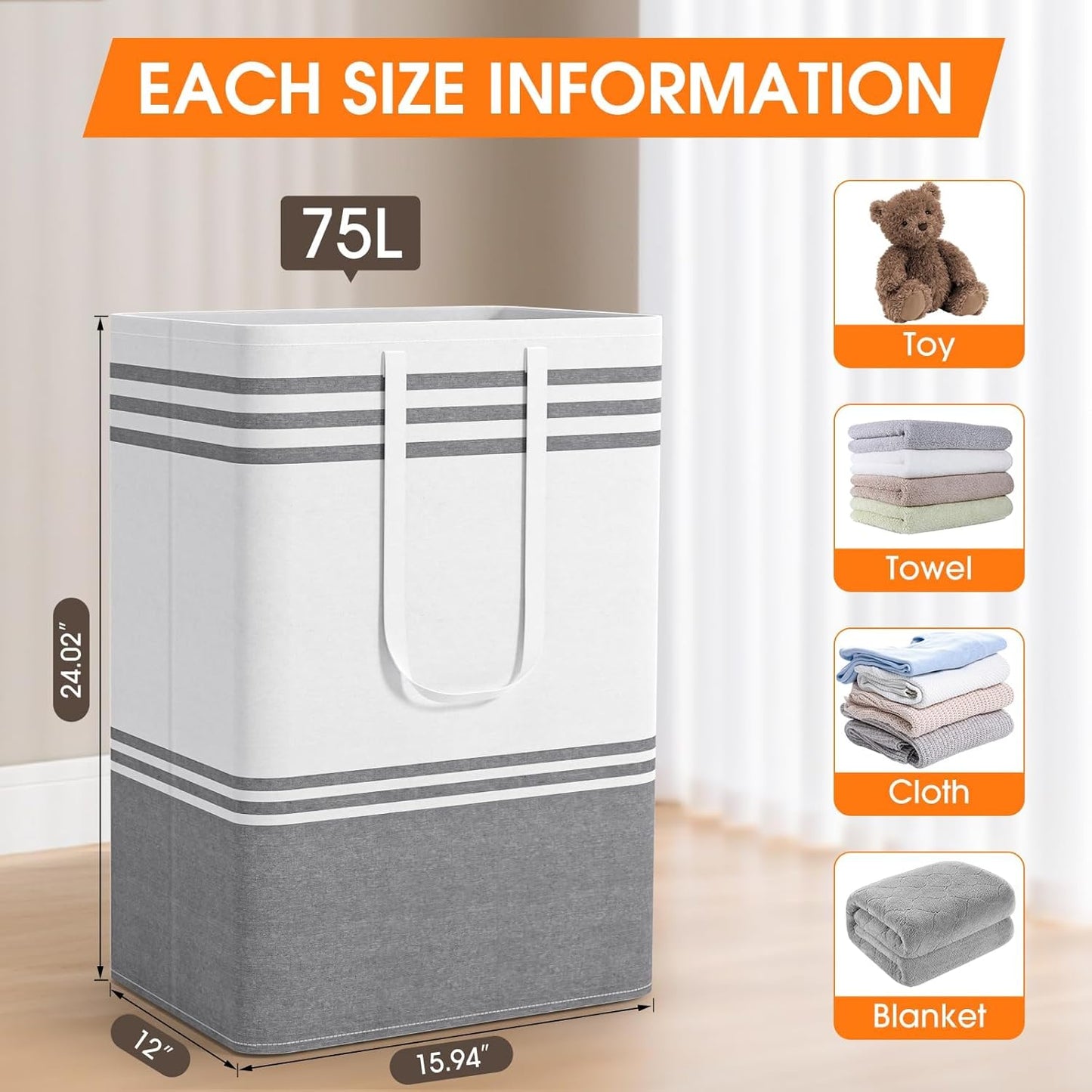 Skiennix Large Laundry Baskets - Waterproof Collapsible Hampers with Reinforced Handles | 75L Grey