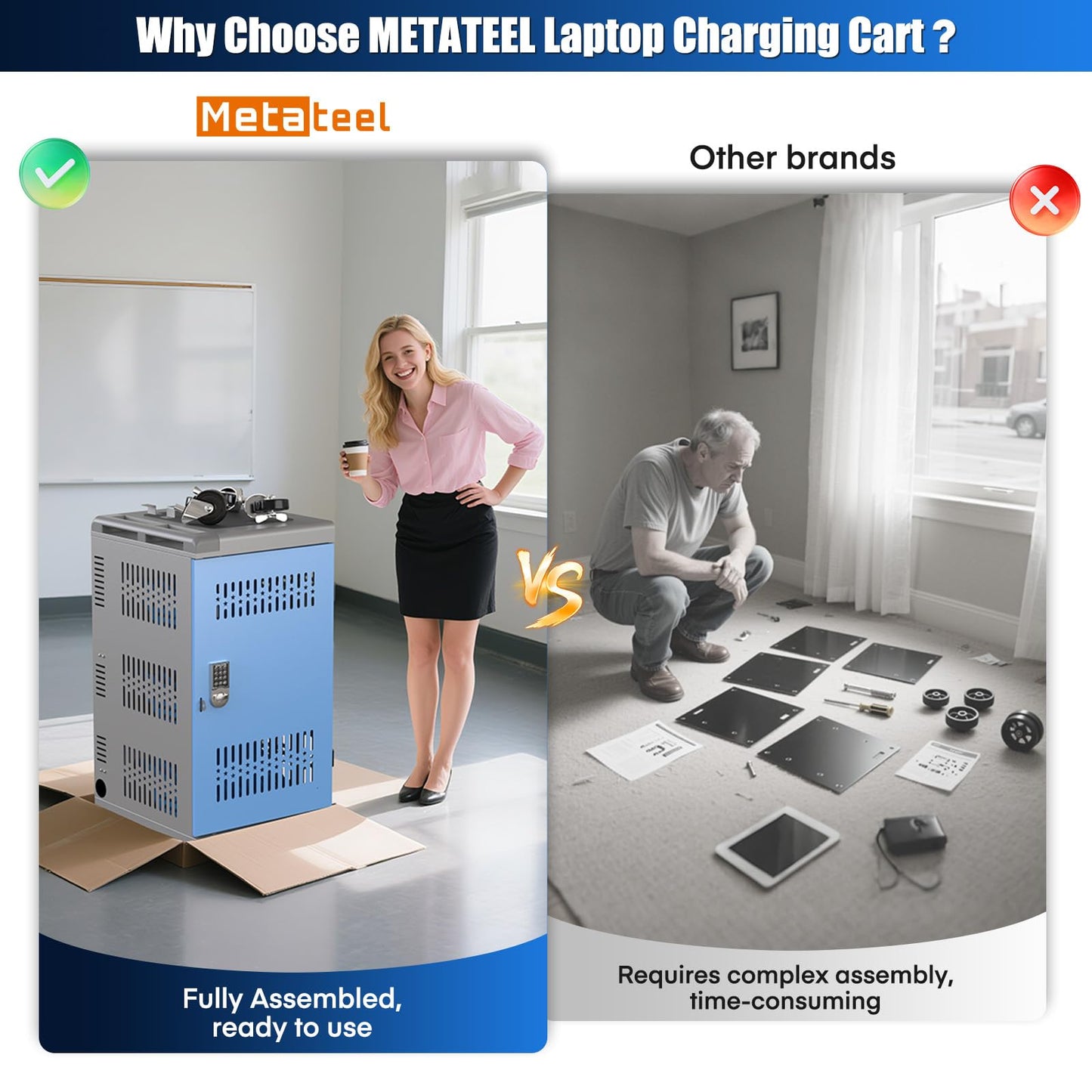 MetaTeel Laptop Cart on Wheels, Fully Assembled 30 Device Charging Cart with Lockable Door, Fits Devices for Laptops, iPads, Chromebooks Up to 14-inch, Ideal for School, Office & Educational Use