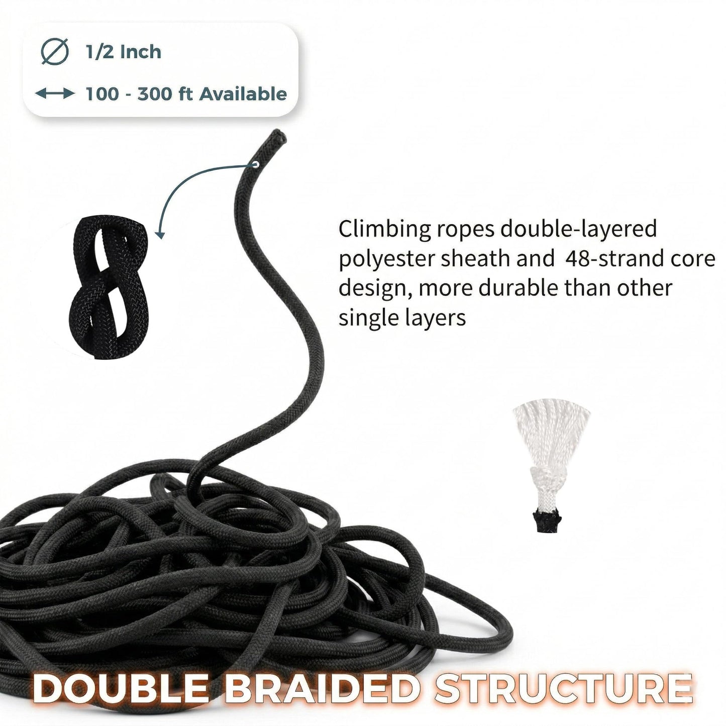 Double Braided Arborist Rope - 1/2 Inch x 200 Feet Polyester Rope - High Strength Climbing Rope for Tree Work, Swing, Halyard, Sailing(Black)