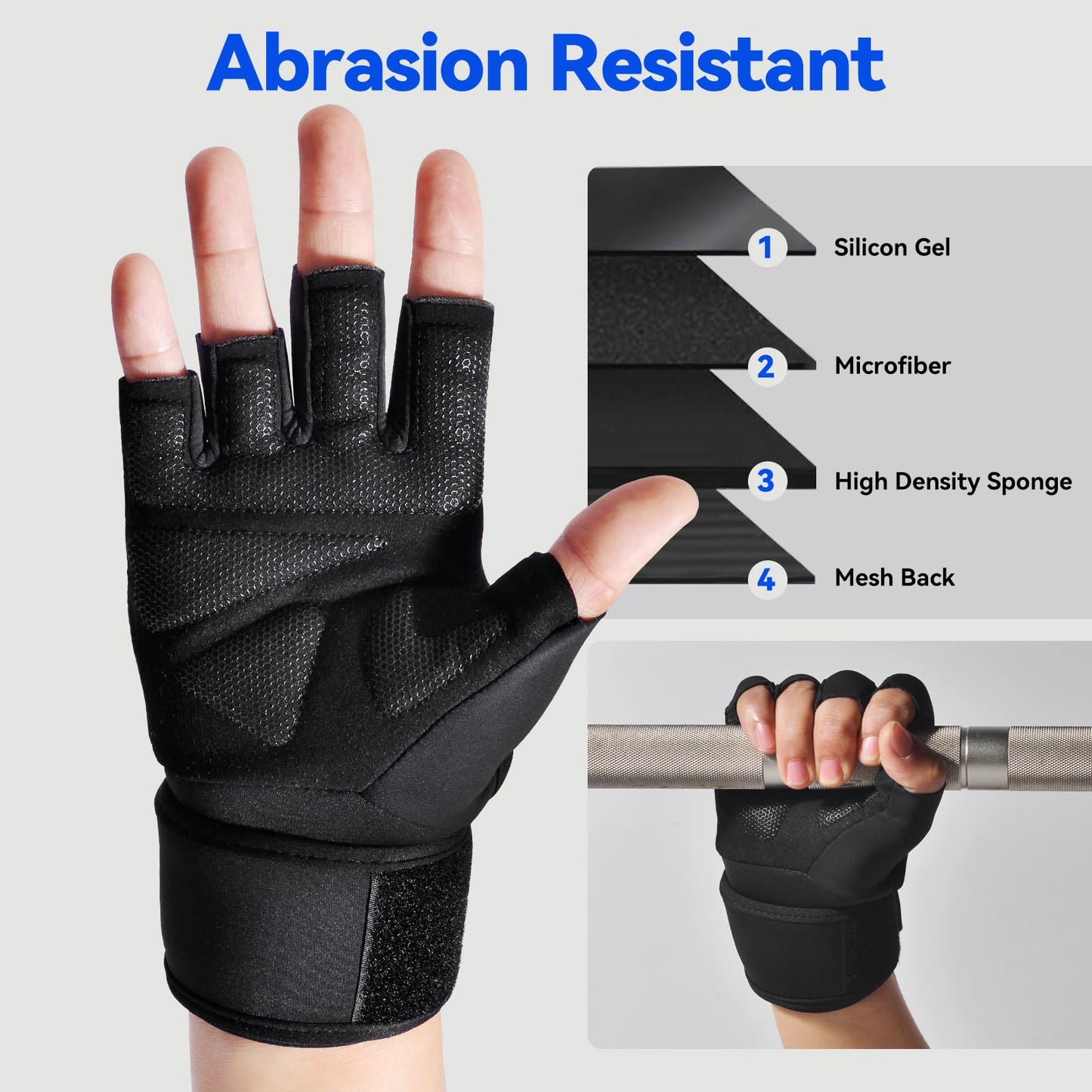 JOBGAIN Workout Gloves for Men and Women, Gym Weight Lifting Padded Gloves with Wrist Wrap Support, Full Palm Protection & Extra Grips, for Weightlifting, Exercise, Pull-Up, Black, Size M