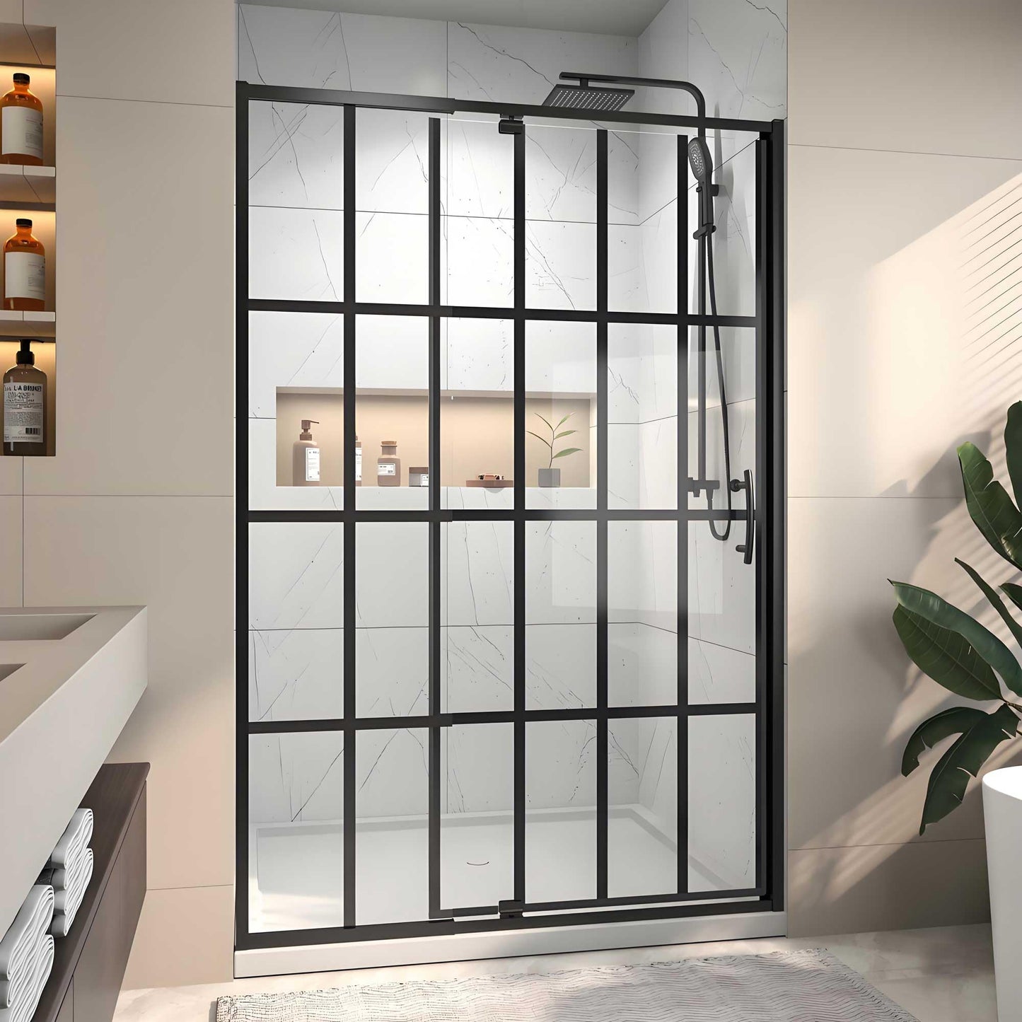 Rodkedc 44-48" W x 71" H Pivot Glass Shower Door,Grid Pattern,1/4"(6mm) Thick SGCC Tempered Shower Glass Door,Matte Black Shower Door,Reversible Installation