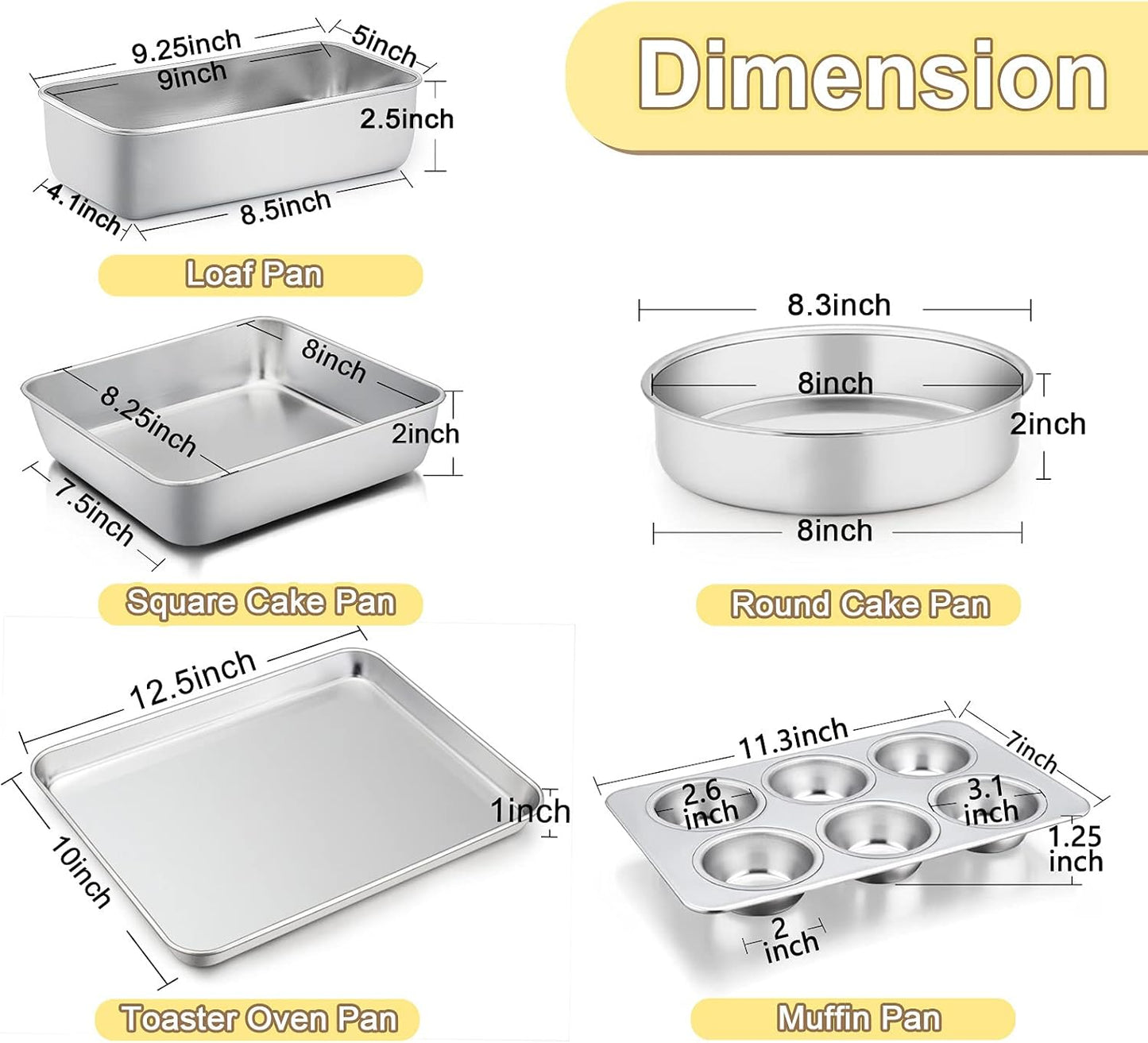 TeamFar Bakeware Set - Heavy-Duty Stainless Steel Baking Pans | 5-Piece Set with Cake, Loaf & Muffin Pans
