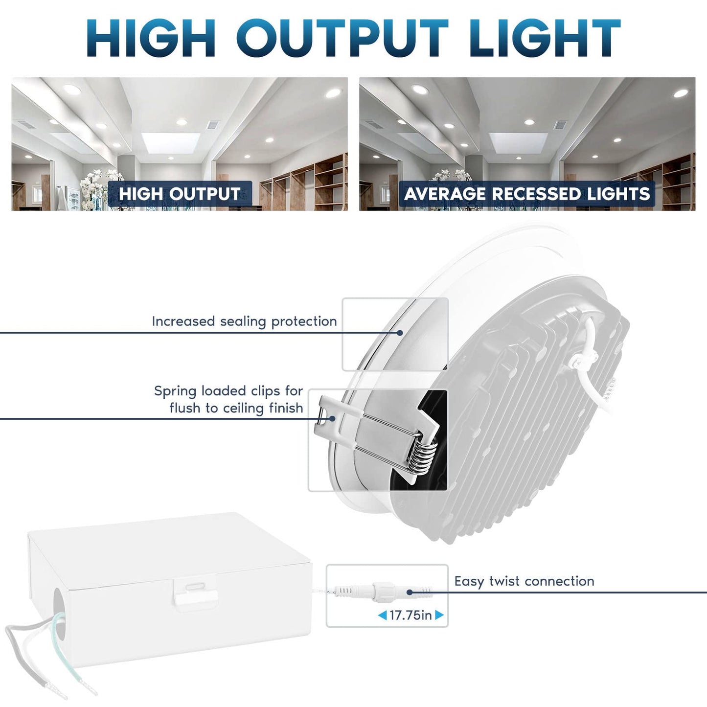 LUXRITE 6 Inch LED Recessed Ceiling Light with Junction Box, 18W, 5CCT Selectable 2700K/3000K/3500K/4000K/5000K, 1800LM High Brightness, Dimmable Canless Downlight, Wet Rated, IC Rated, ETL (4 Pack)