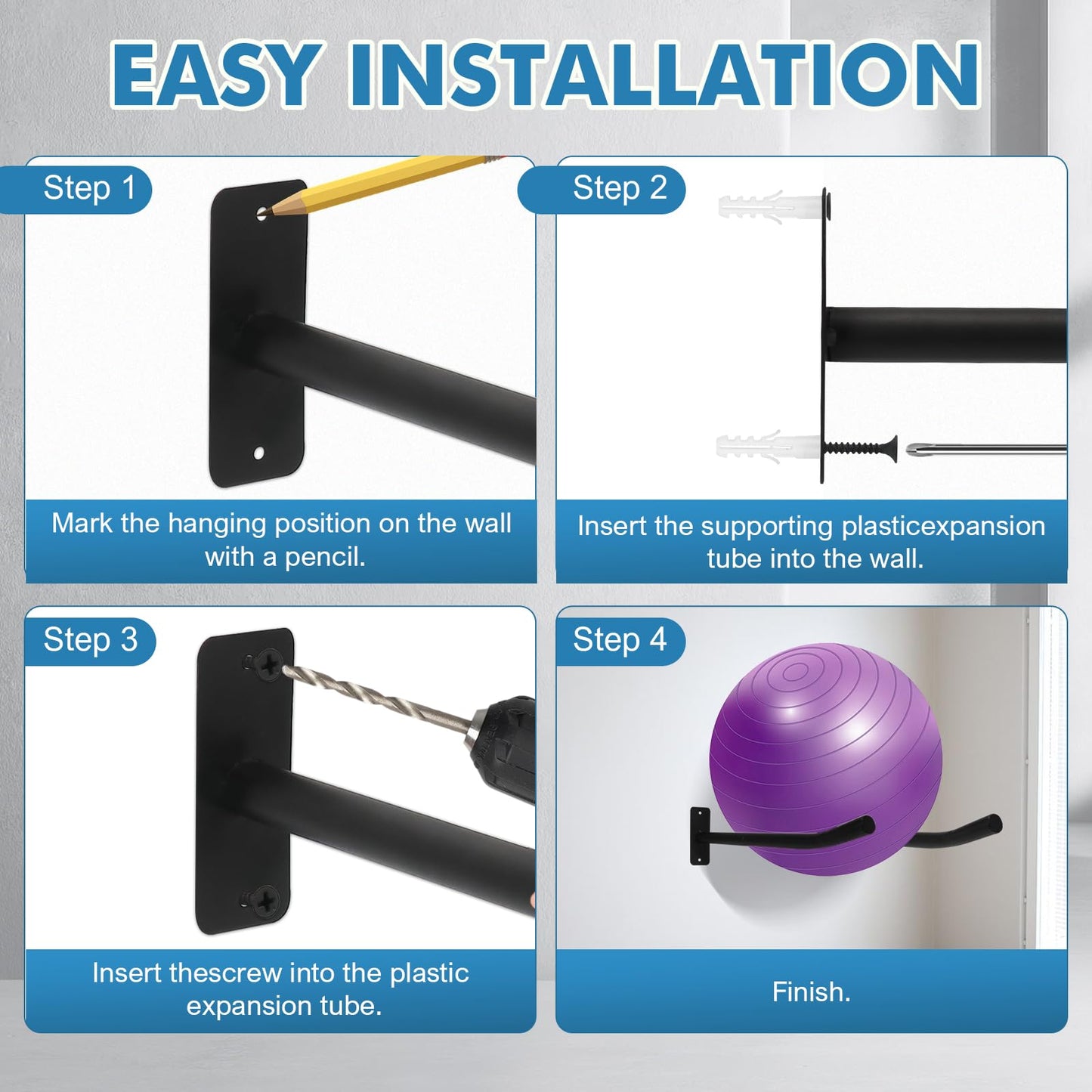 Medicine Ball Rack, 2 Pairs Yoga Ball Racks, Exercise Ball Wall Holder, Fitness Ball Wall Rack for Gym, Garage Ladder Wall Mount, Metal Storage Wall Rack for Basketballs, Volleyballs