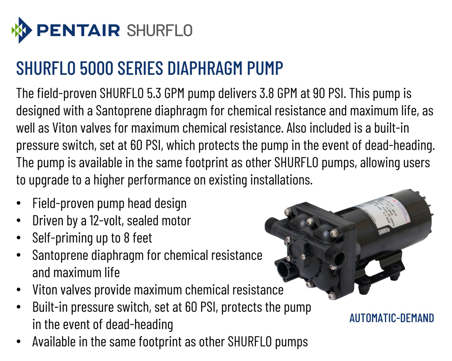 PENTAIR SHURFLO 5059-1310-D012 12VDC Automatic Demand Diaphragm Pump, 5.3 GPM, 90 PSI, 1/2" NPTF Port, Self Priming 8', Chemical Resistant Water Pump - Spraying, Transfer, Industrial Use, Retail Box