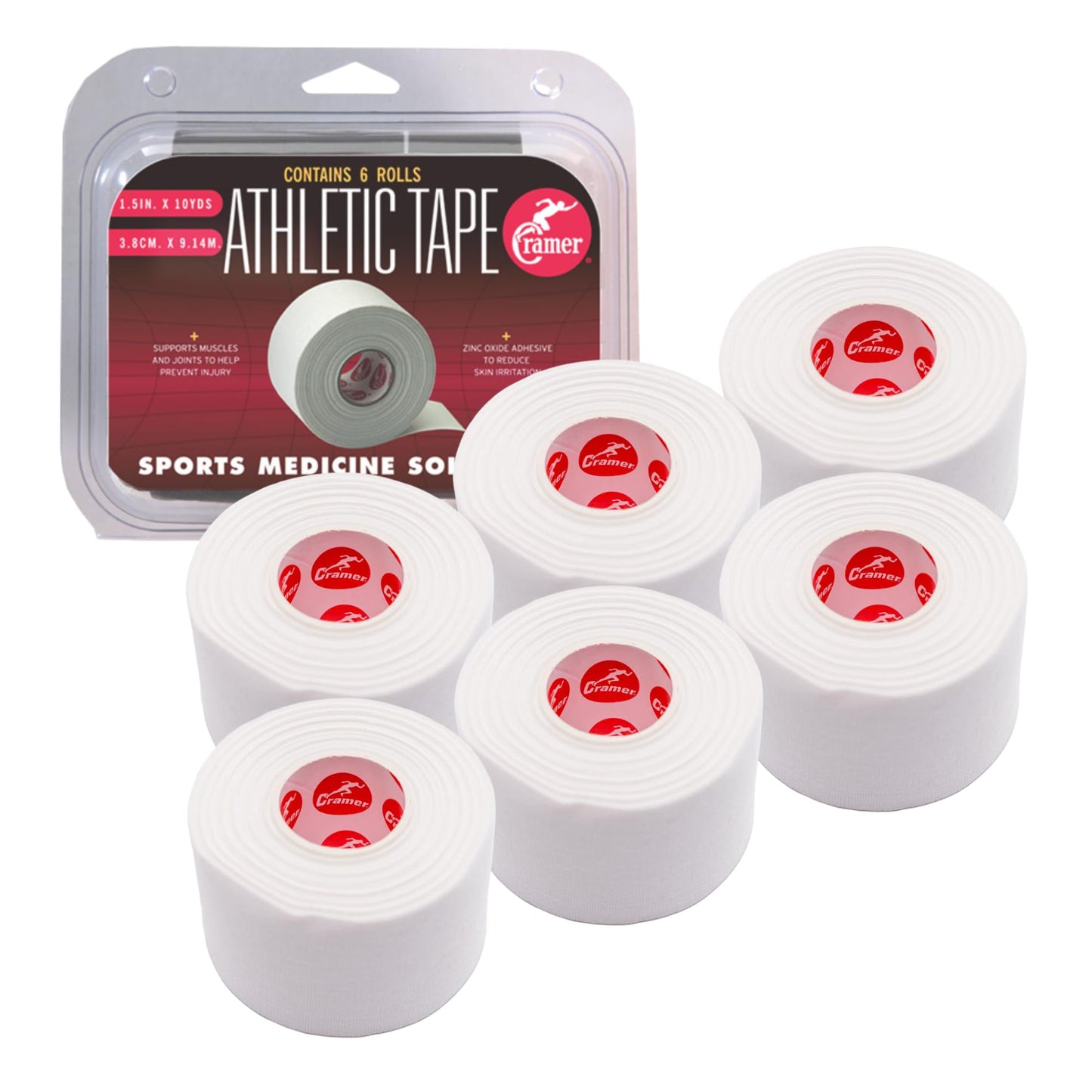 Cramer Athletic Tape 6 Pack, 1.5" x 10 Yards White, Easy Tear Sports Tape for Ankle, Wrist & Knee, Latex-Free Adhesive, Strong Support, Athletic Training Tape Roll