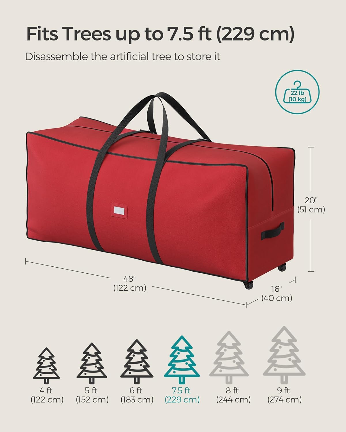 SONGMICS Christmas Tree Storage Bag - Rolling Design with 1.6-Inch Wheels, Fits Up to 7.5 ft Trees, Cherry Red