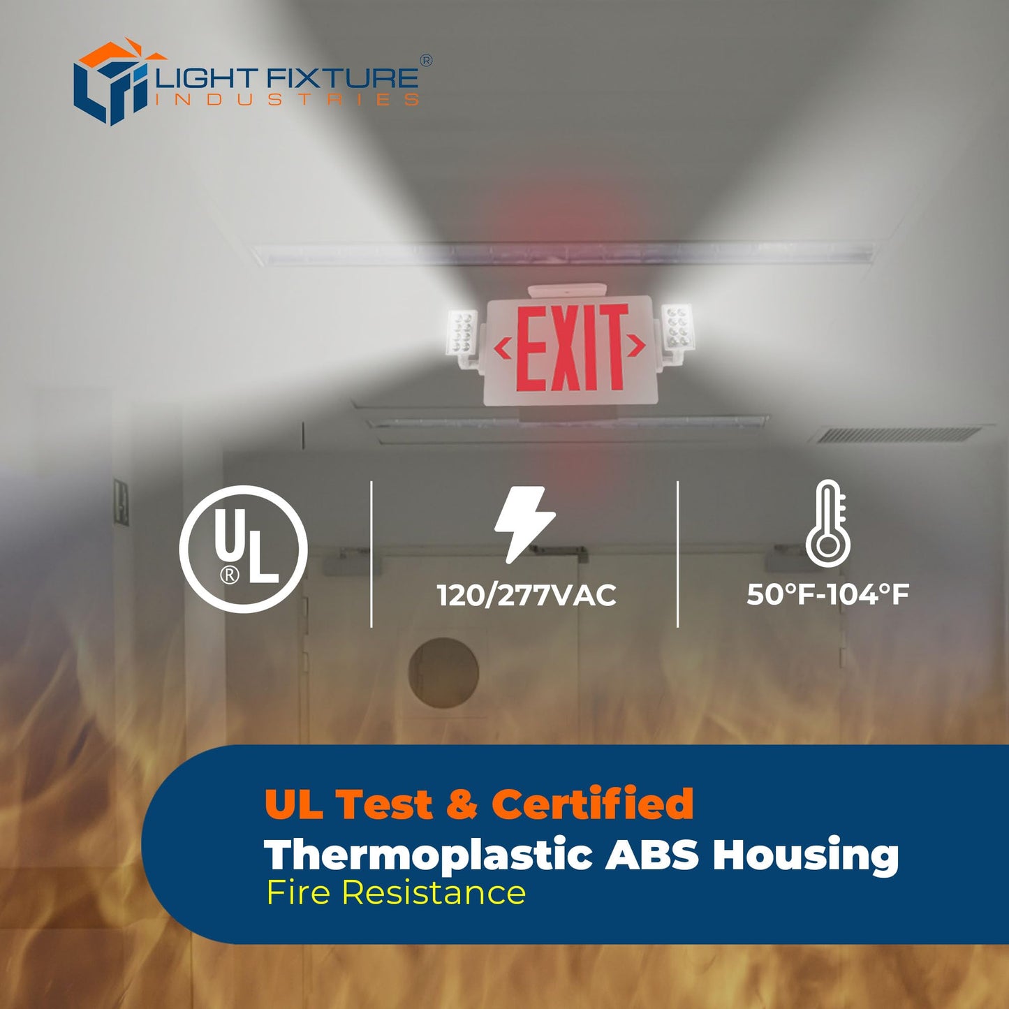 LFI Lights® Thin COMBO UL 924 Listed, Red LED, Exit Sign with Emergency Lights, White, 120-277VAC Hardwired with Battery Backup, Optional Double Face and Knock Out Arrows COMBOTRWBB