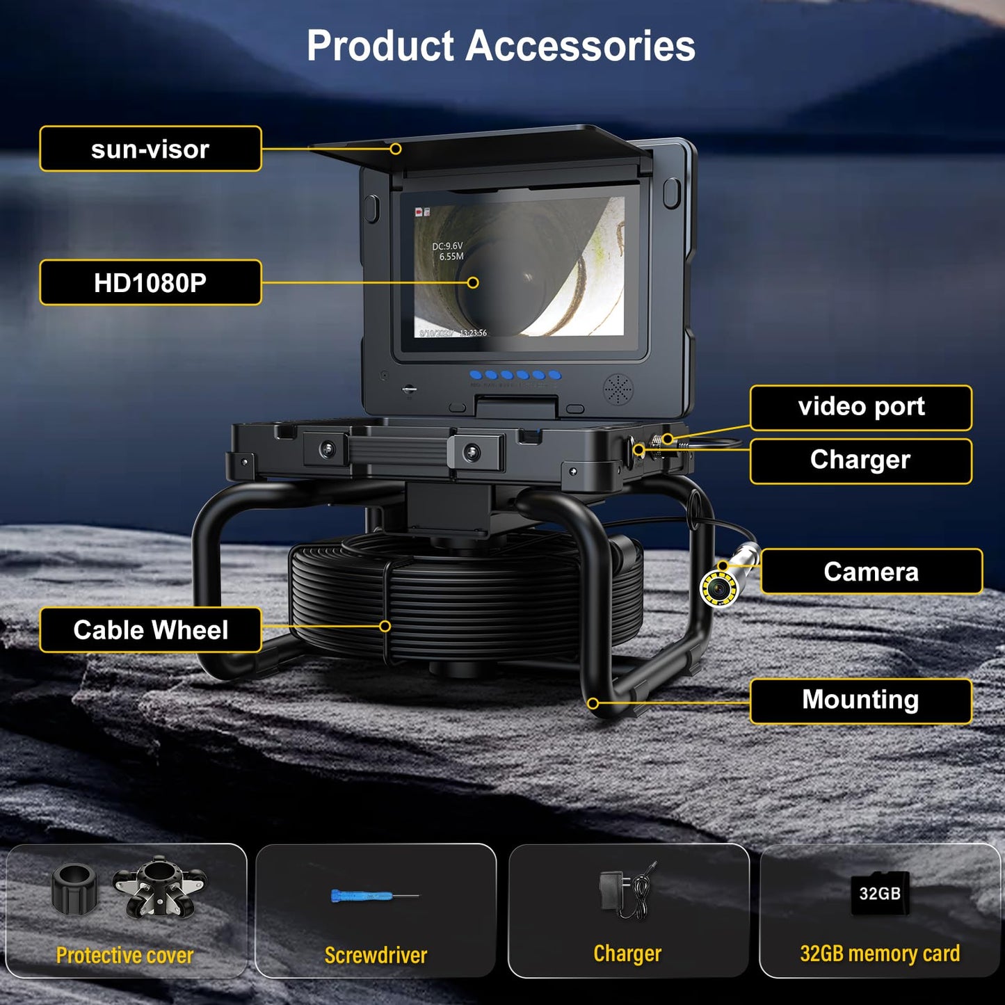 ESANHAO Sewer Camera 100ft Drain Pipe Camera Plumbing Snake, 23mm HD, 12LEDs, DVR Recording, 9" AHD Screen for Plumber, Homeowners IP68 Waterproof, 32GB TF Card Included