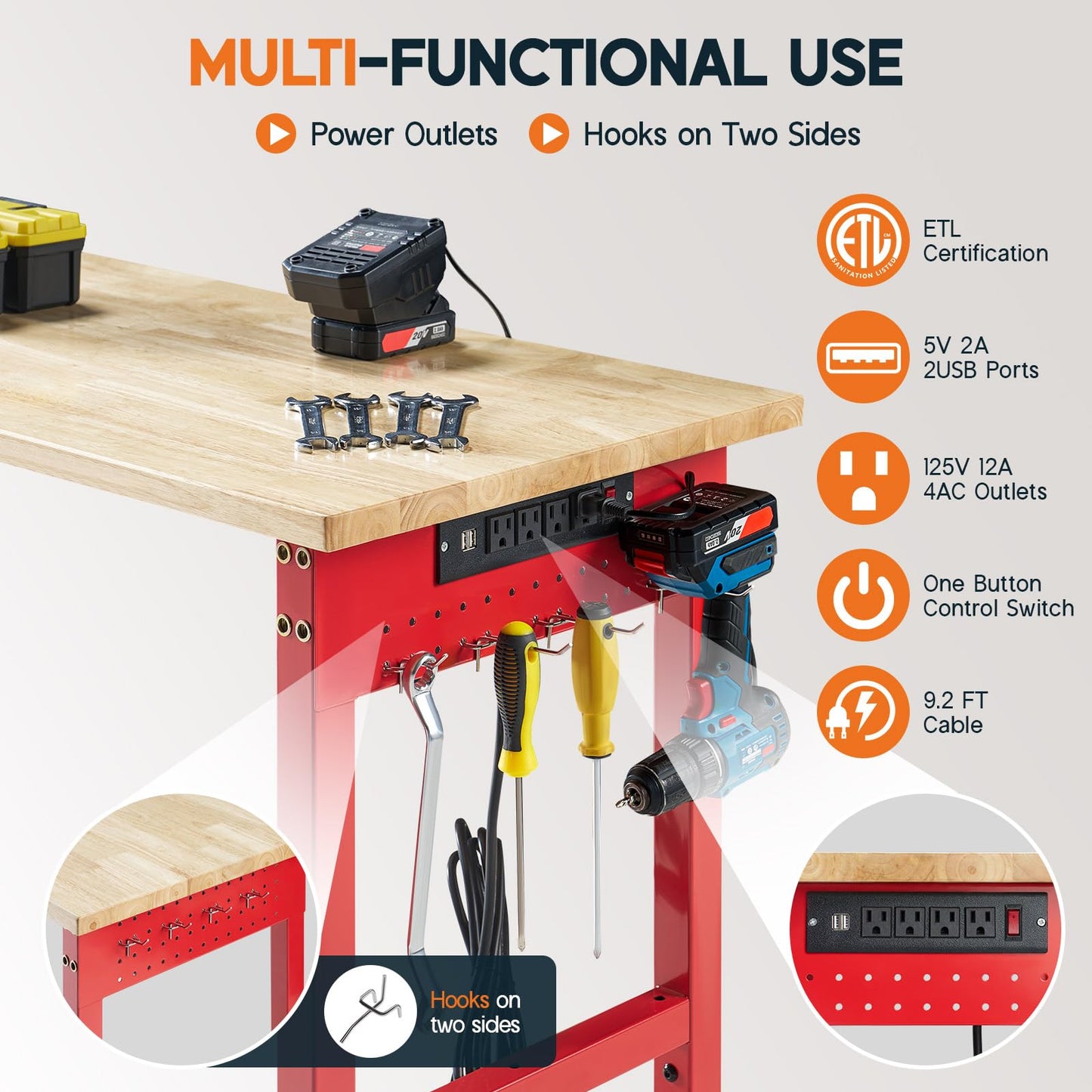 Albott 84x24 in Adjustable Workbench with Power Outlets, 6000 LBs Heavy Duty Work Table with Hooks, Solid Rubber Wood Top, for Garage, Woodworking, Workshop, Home Office, Red