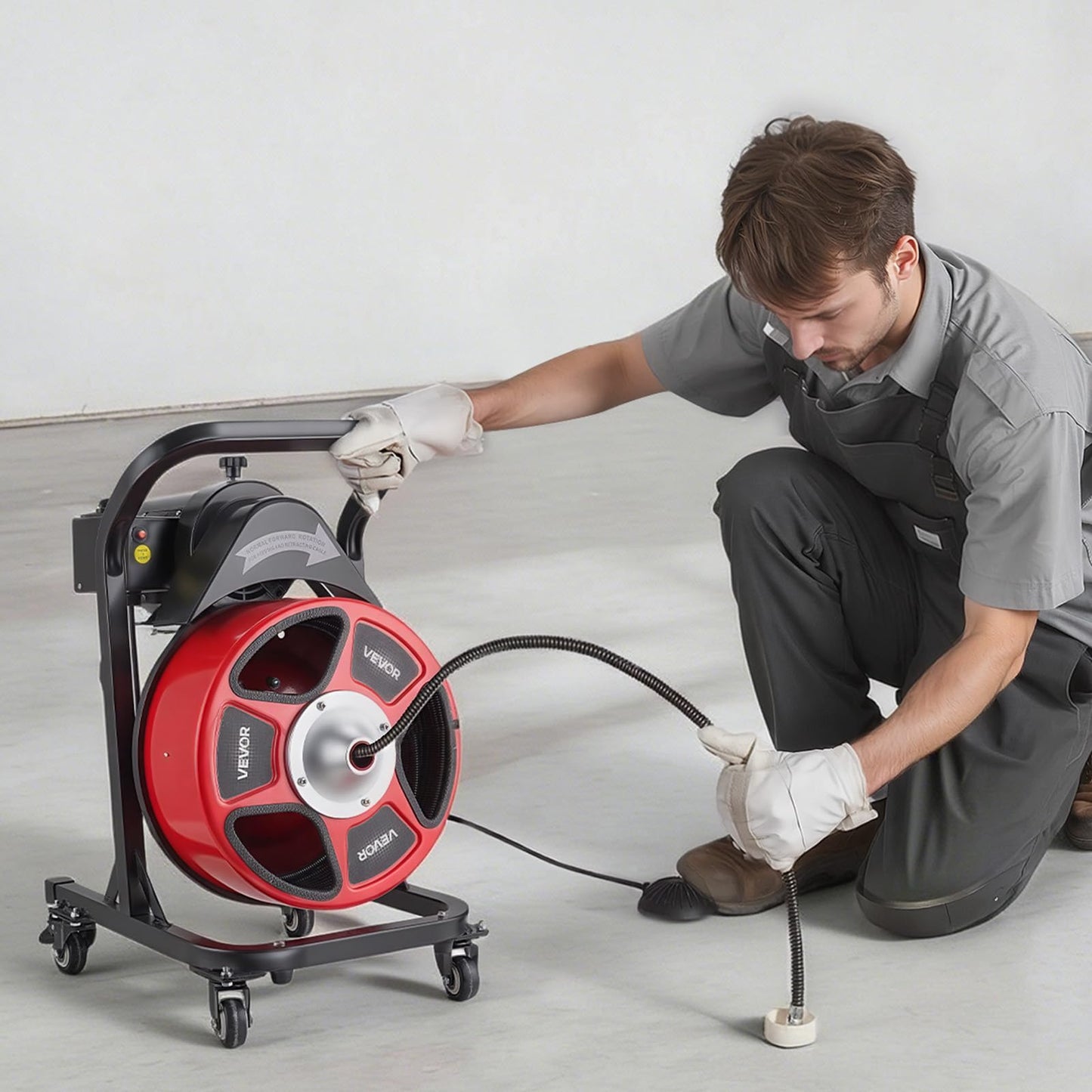 VEVOR Drain Cleaner Machine 50 FT x 1/2 Inch, Manual Feed Sewer Snake Auger on Wheels - with 4 Cutters & Air-activated Foot Switch for 2" to 6" Pipes