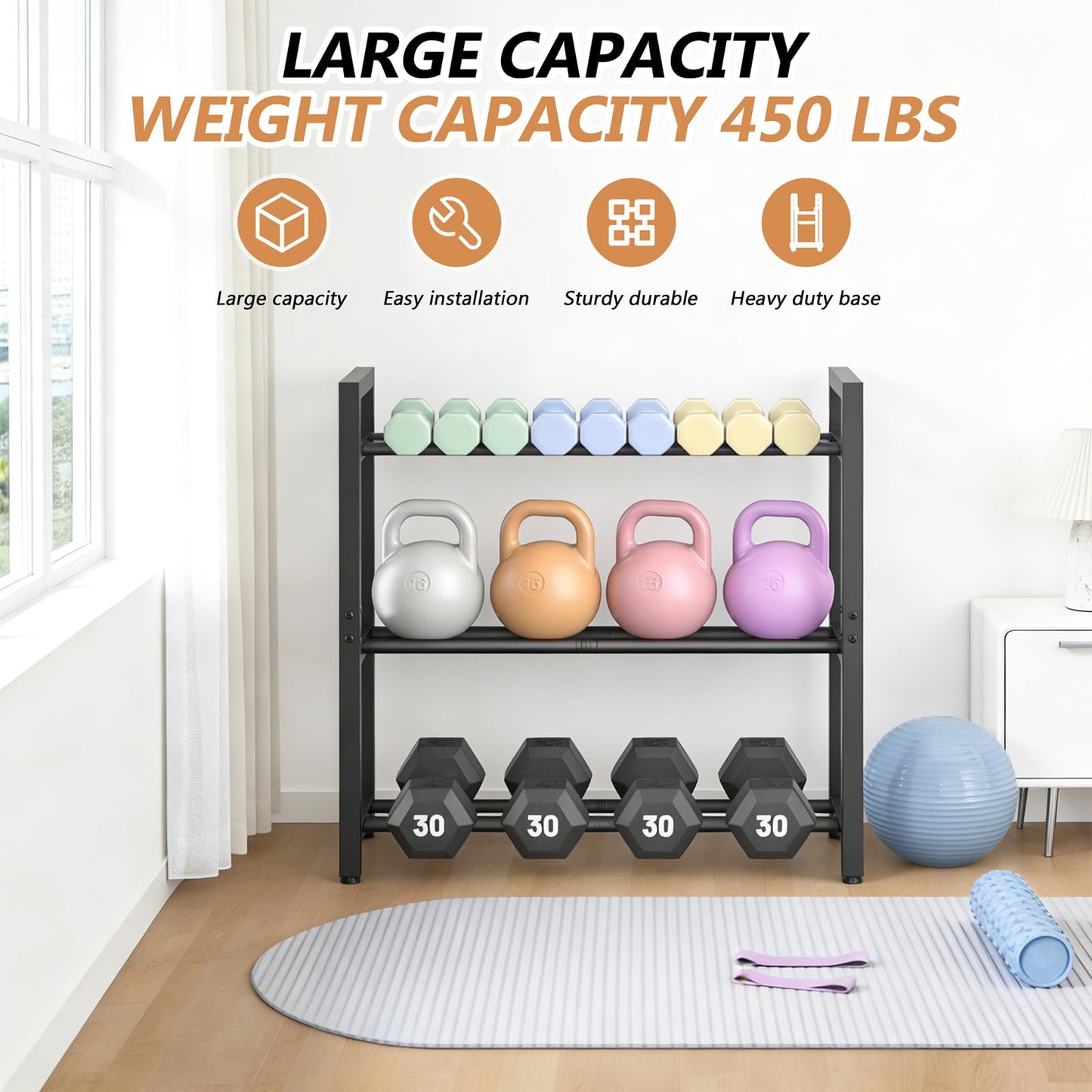 Dumbbell Rack Stand Only, Weight Rack for Home Gym, Heavy-Duty Kettlebell Rack, 3 Tier Adjustable Weight Storage Racks, Space-Saving Home Gym Organizer