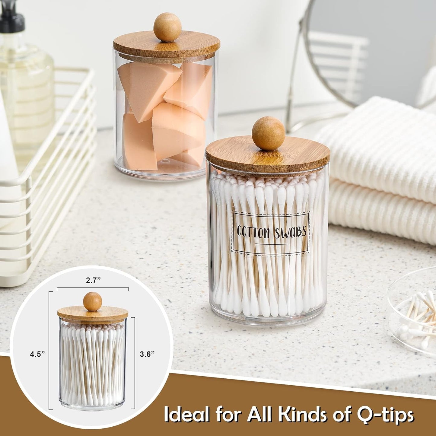 Qtip Holder Dispenser by [Brand Name] - 10 oz Clear Plastic Apothecary Jar with Bamboo Lids | Stylish Vanity Organizer for Cotton Swabs and Makeup Accessories
