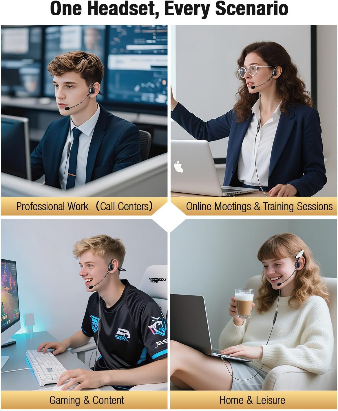 QOEKUEY Headset Headset USB with Mic for Call Center & Office Use - Open Ear Headphones for All-Day Comfort, Computer