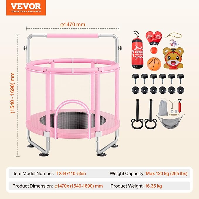 VEVOR 5FT Trampoline 50"/55"/56 * 35" for Indoor/Outdoor use for Toddlers, Foldable Mini Baby with Foam Handle, Recreational Birthday Gift