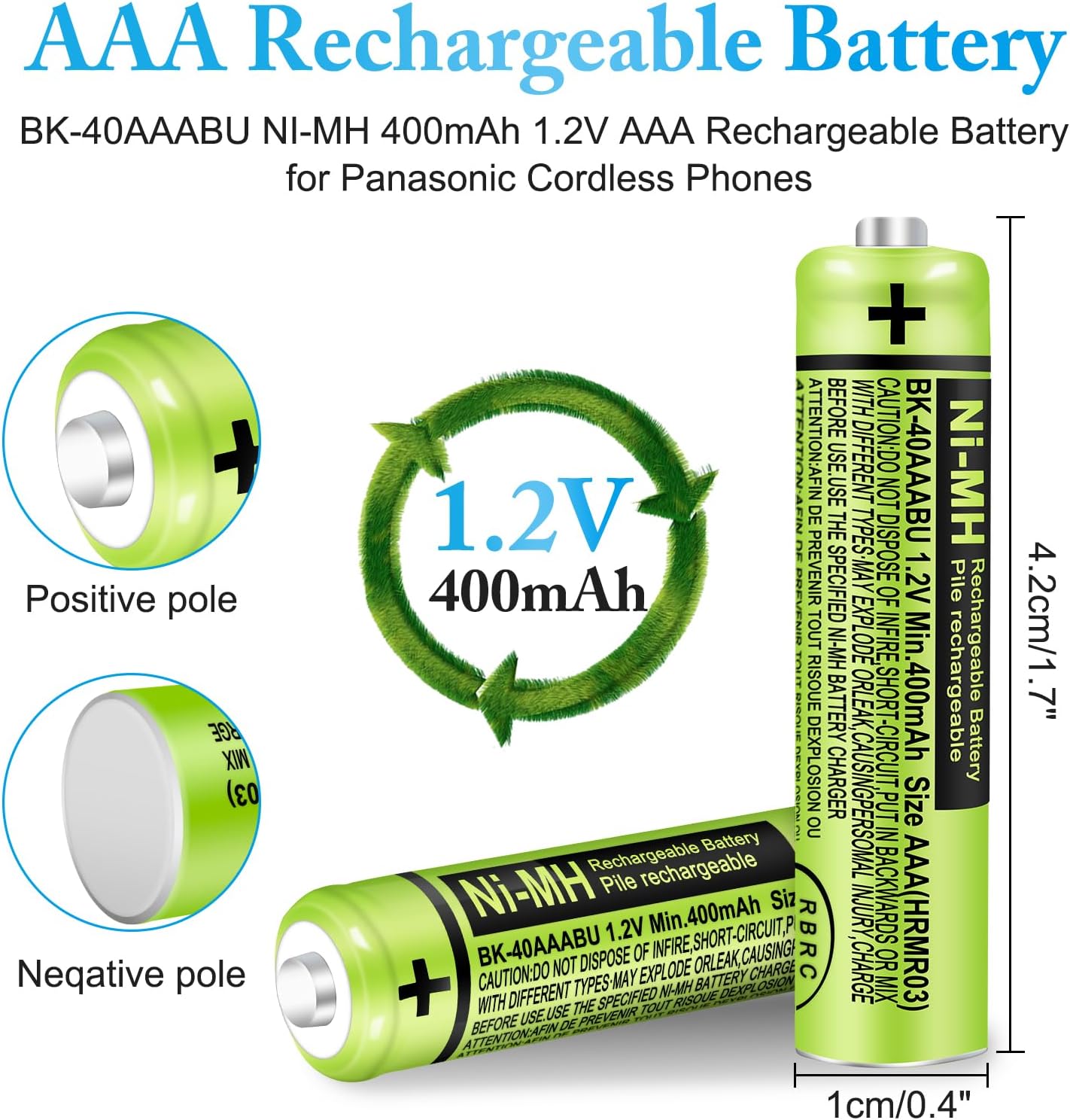 EOCIK Phones,400mAh 1.2V NI-MH AAA Rechargeable Batteries for Panasonic Cordless AAA Rechargeable Battery for Remote
