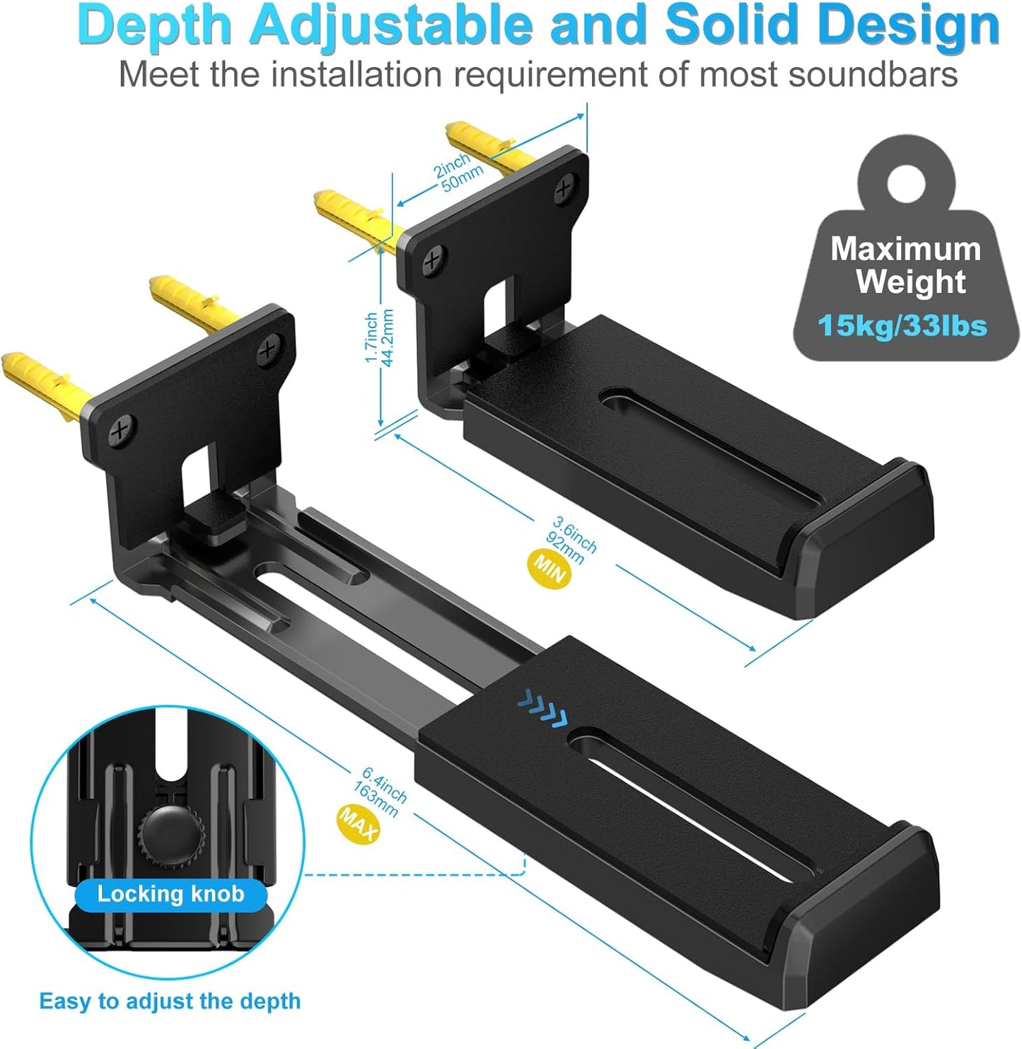 ZUOLACO 33 lbs, 3.6-6.4, Soundbar Wall Mount Bracket for Samsung, Bose, Vizio, LG, Sony, JBL, Sonos and More Sound Bar