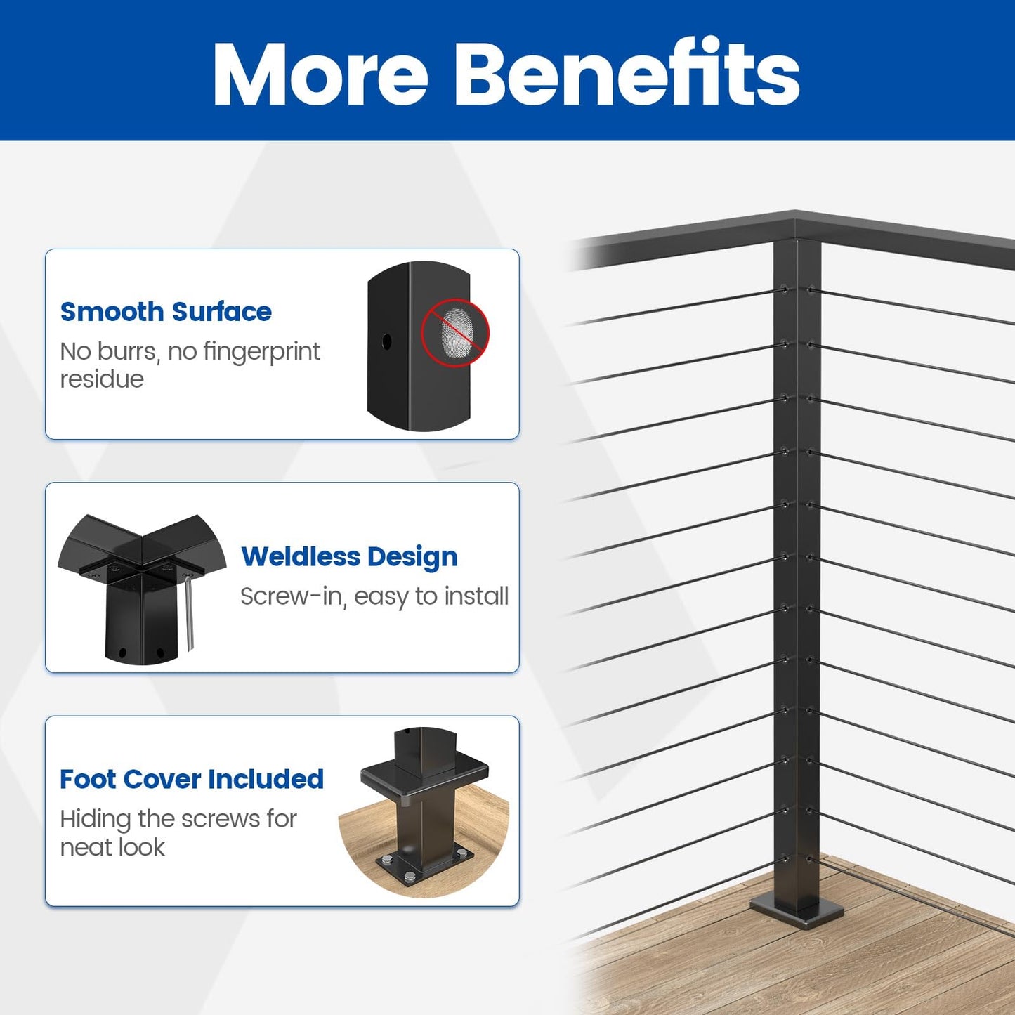 Muzata Black Corner Cable Railing Post 42 Inch 42"x2"x2" T-drilled One-Post Corner Solution Surface Mount Stainless Steel Cable Railing System Kit Indoor Outdoor with Paper User Guide PS02 B34L