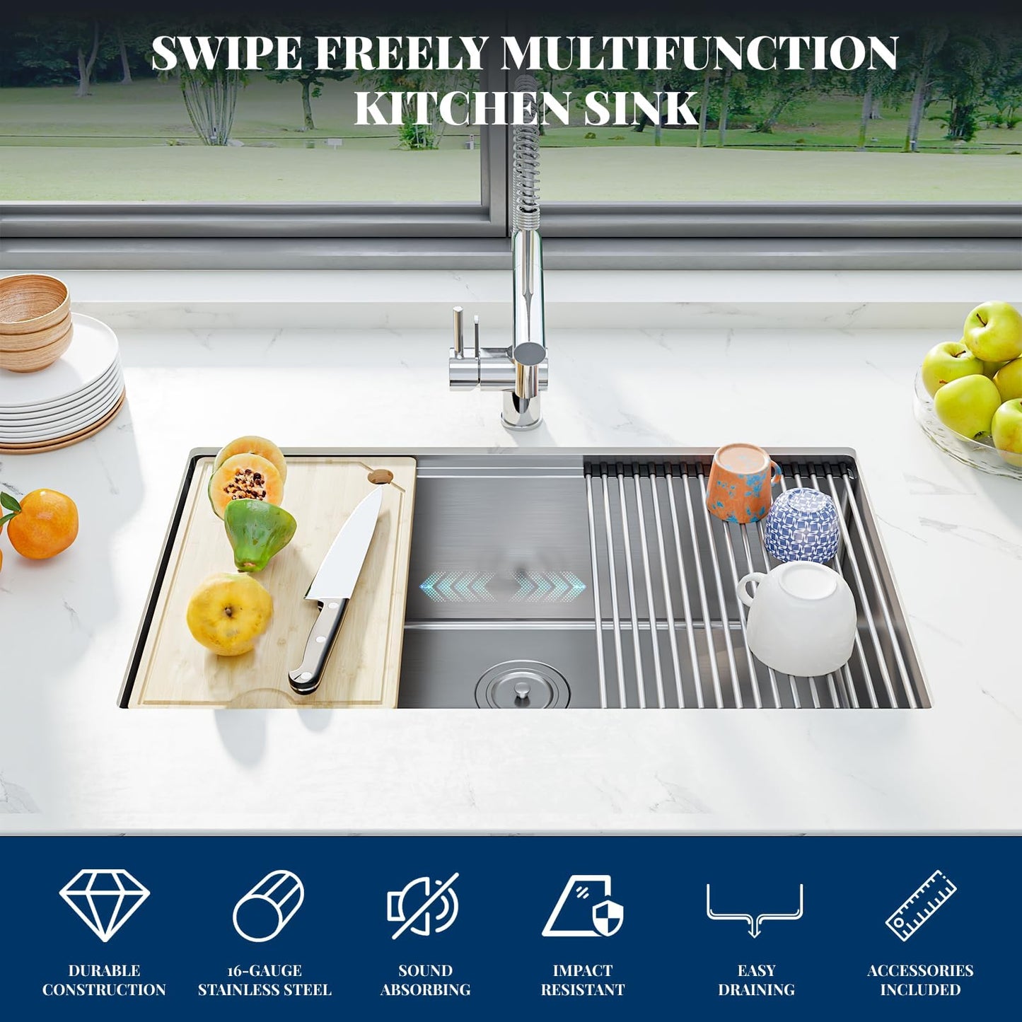 GarveeHome Kitchen Sink - 33 in Single Bowl Stainless Steel Undermount Sink, 16 Gauge Commercial Grade with Easy Drain System & Brushed Nickel Finish