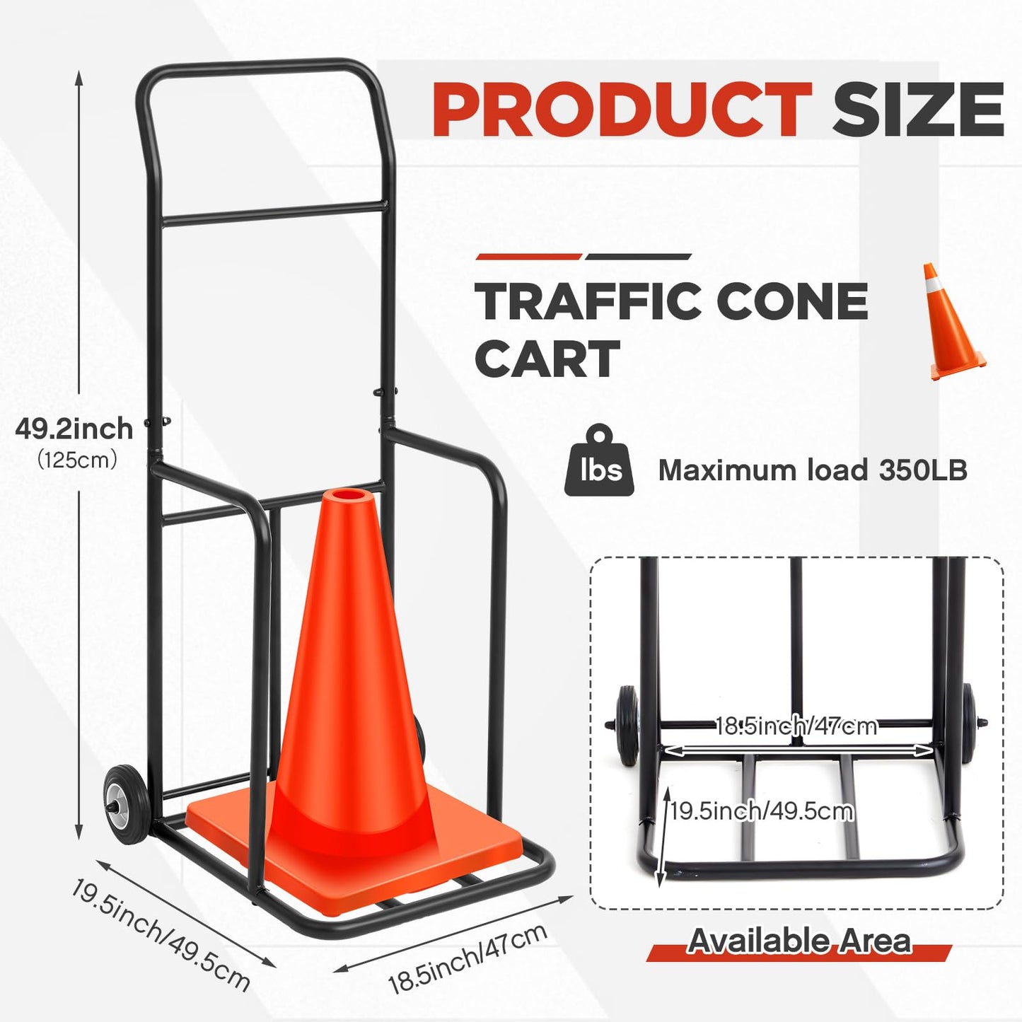 DaisyInner Traffic Cone Cart with Wheels 350 Lbs Capacity Storage Dolly Holder 18.5 w x 19.5 d x 49 h Black Traffic Cone Cart for Construction, Parking Lots, Schools, Car Driving Training