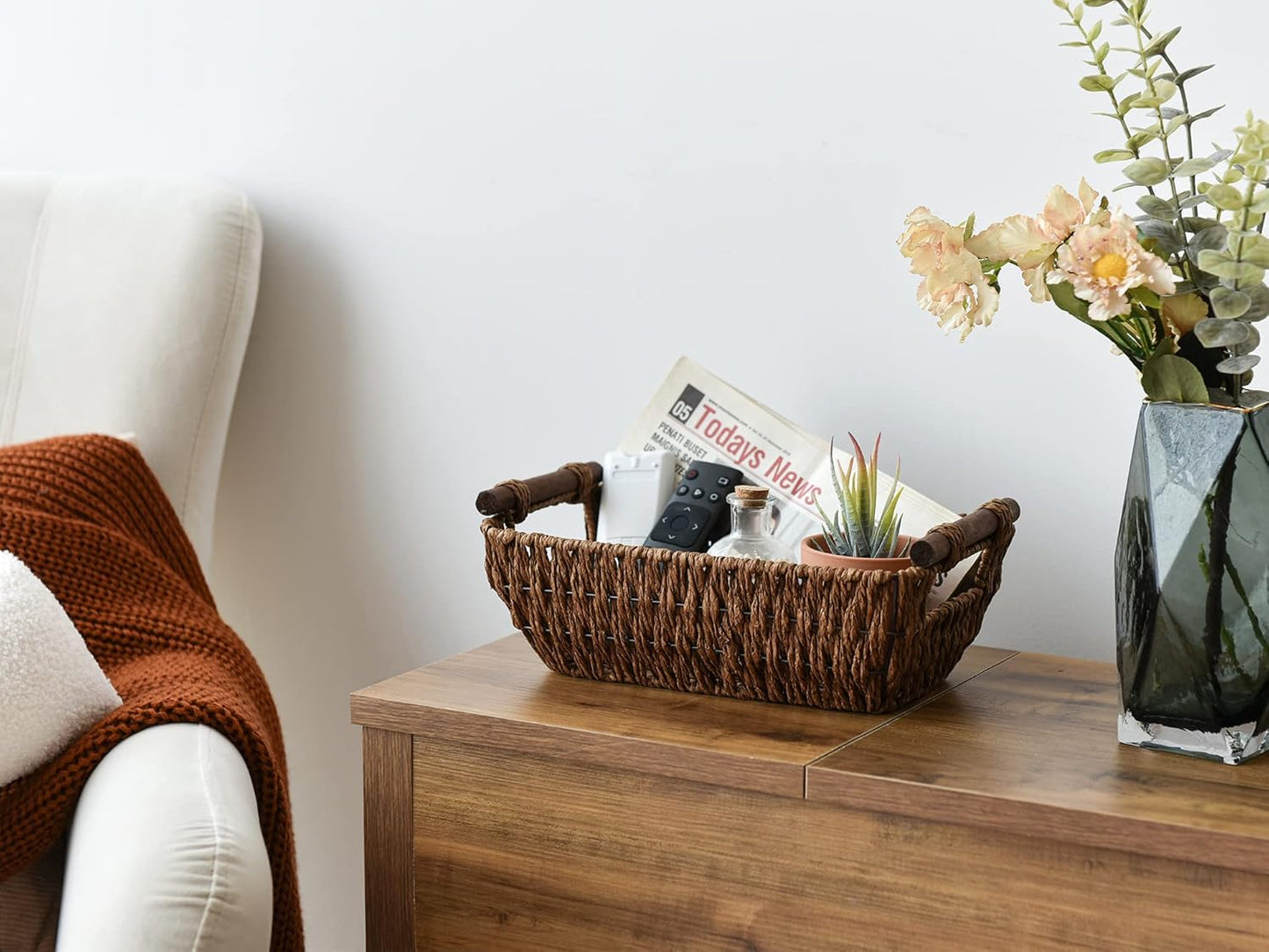 StorageWorks Handwoven Wicker Baskets - Round Paper Rope Storage with Wooden Handles | Dark Brown, 2-Pack