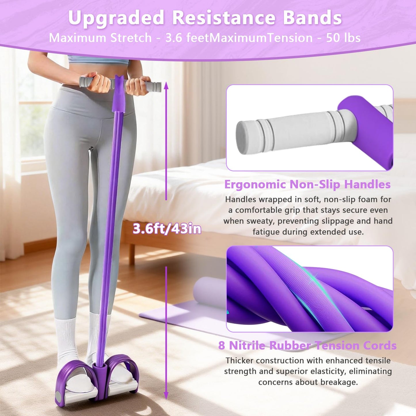 8-Tubes Pedal Resistance Band with Handle, Multifunction Exercise Rope for Working Out, Foot Pedal Resistance Band for Abdomen, Waist, Arm, Leg, Pur