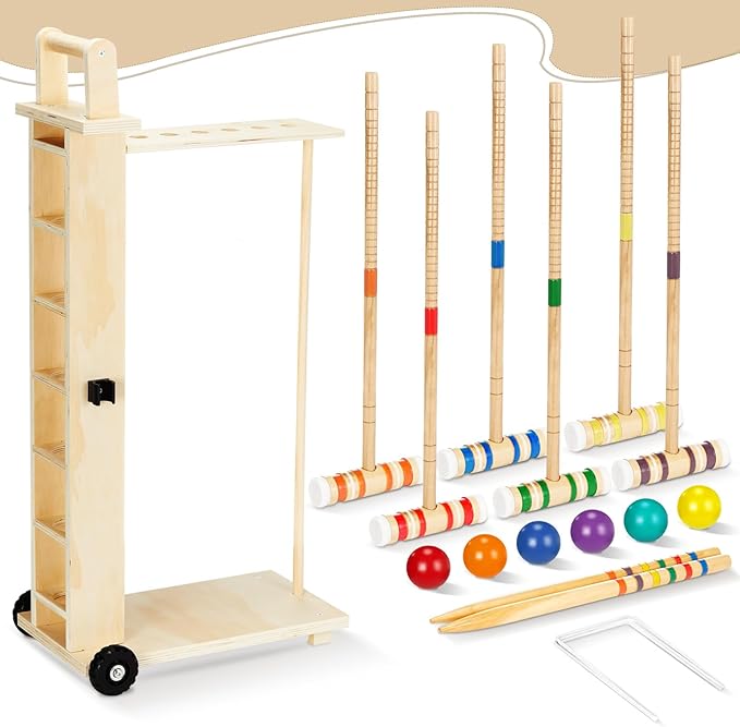 Hiboom 6 Player Croquet Set for Adults & Kids with Wooden Stand, Rubber Wooden Mallets, Colored Balls and Steel Wicket for Family & Friends, Great for Outdoor Lawn, Backyard Park
