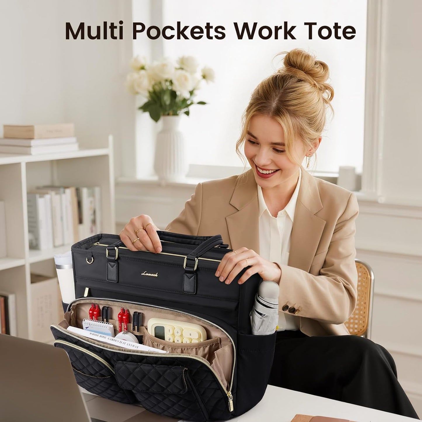 LOVEVOOK 17.3 Inch Tote Bag, Work Bags for Women with Large Cup Holder, Large Capacity Teacher Tote with Multi Pockets