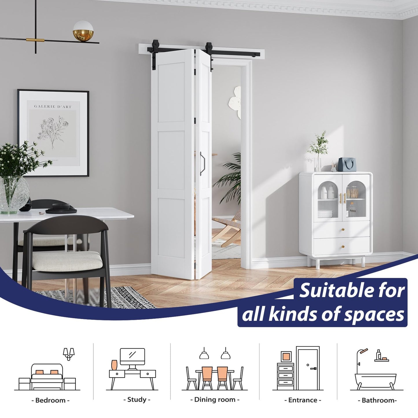 FREDBECK Bifold Barn Door 48x96 (Double 24x96) Bi-fold Closet Doors Hardware Kit Included,with 52" Track White