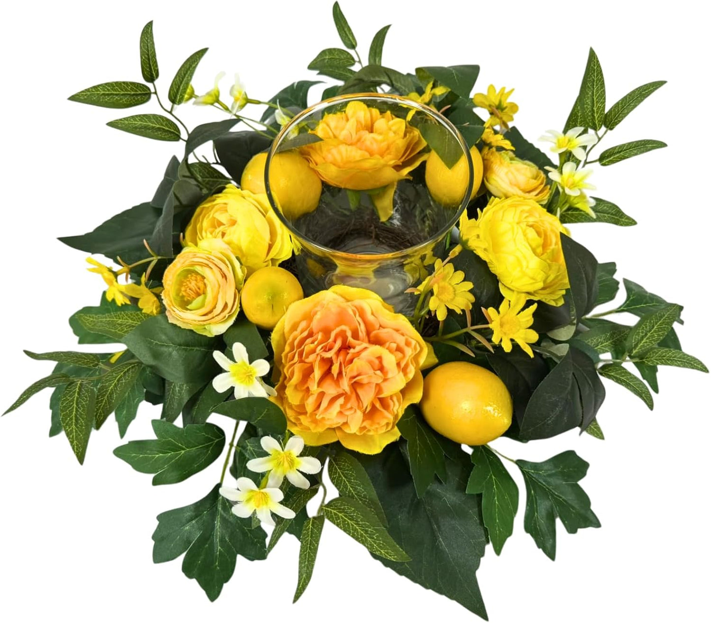 Skiennix 17 Inch Lemon Floral Centerpiece - Artificial Yellow Peony & Glass Hurricane Candle Holder for Dining Table Decor