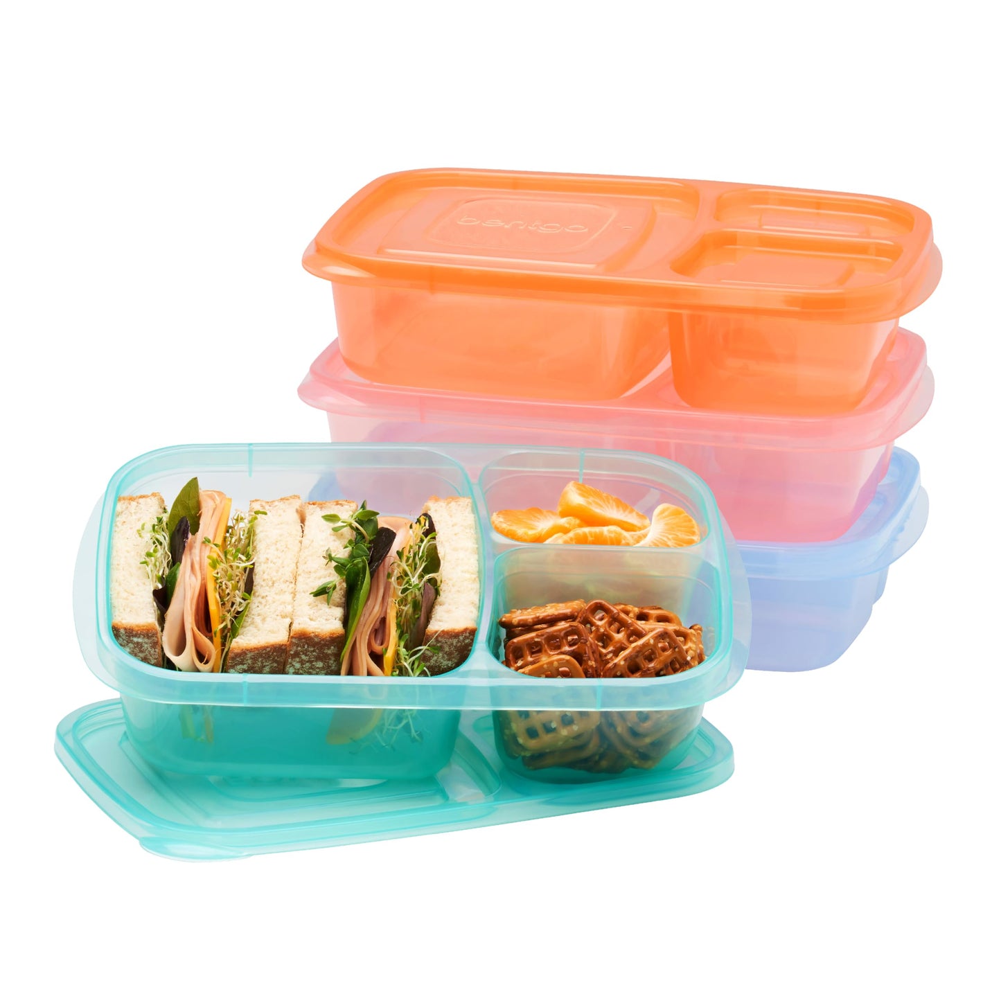 Bentgo Easyboxes - Original Stackable Lunch Boxes - Reusable 3-Compartment Food Containers for Kids and Adults - Bento Lunch Box for Meal Prep, School, & Work - BPA Free, (Pastels (4-Pack))