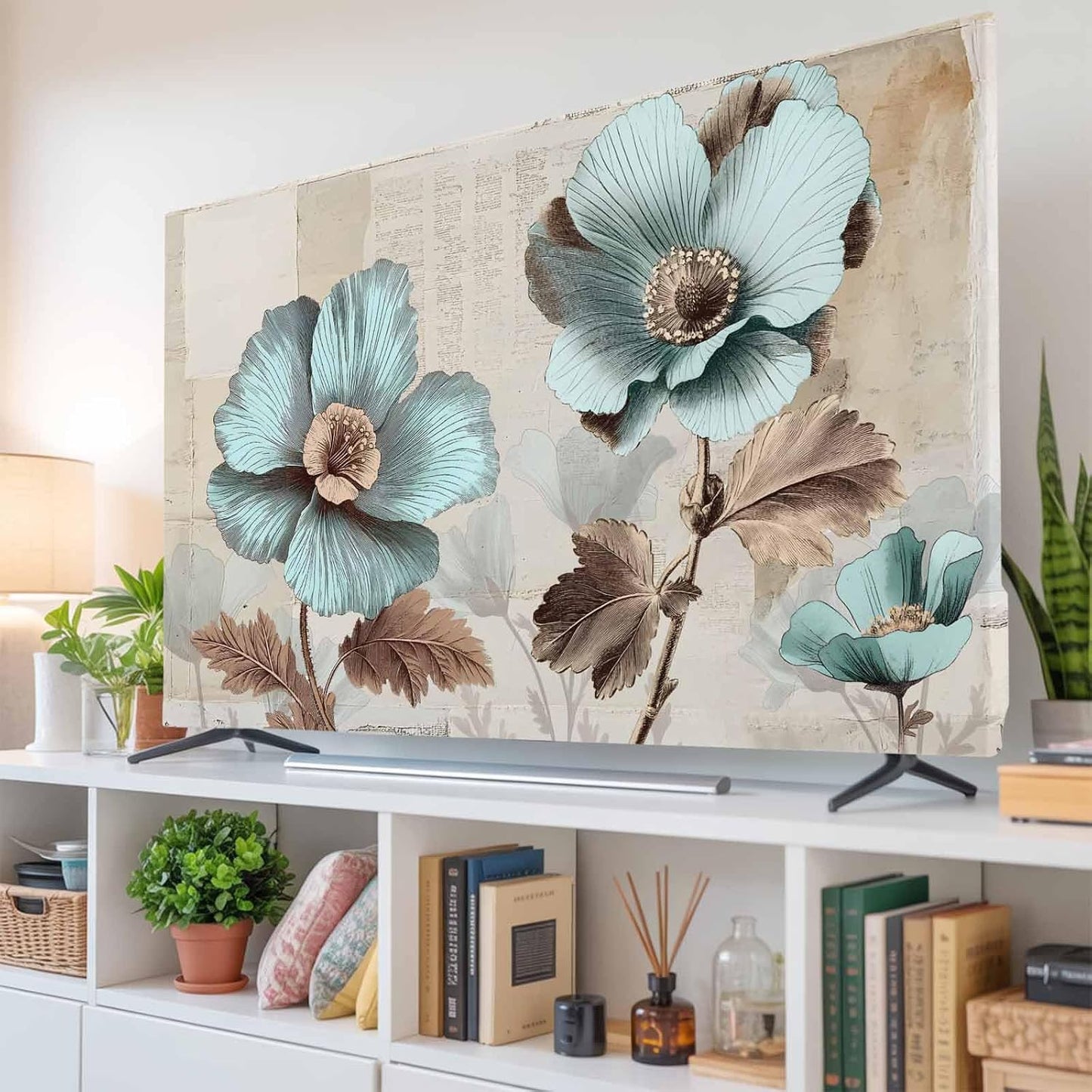 Yukro 85 Inch, 74"x42" Blue Broccoli Indoor TV Dust Cover, Vintage Flowers Victorian Style Elastic TV Dustproof Cover