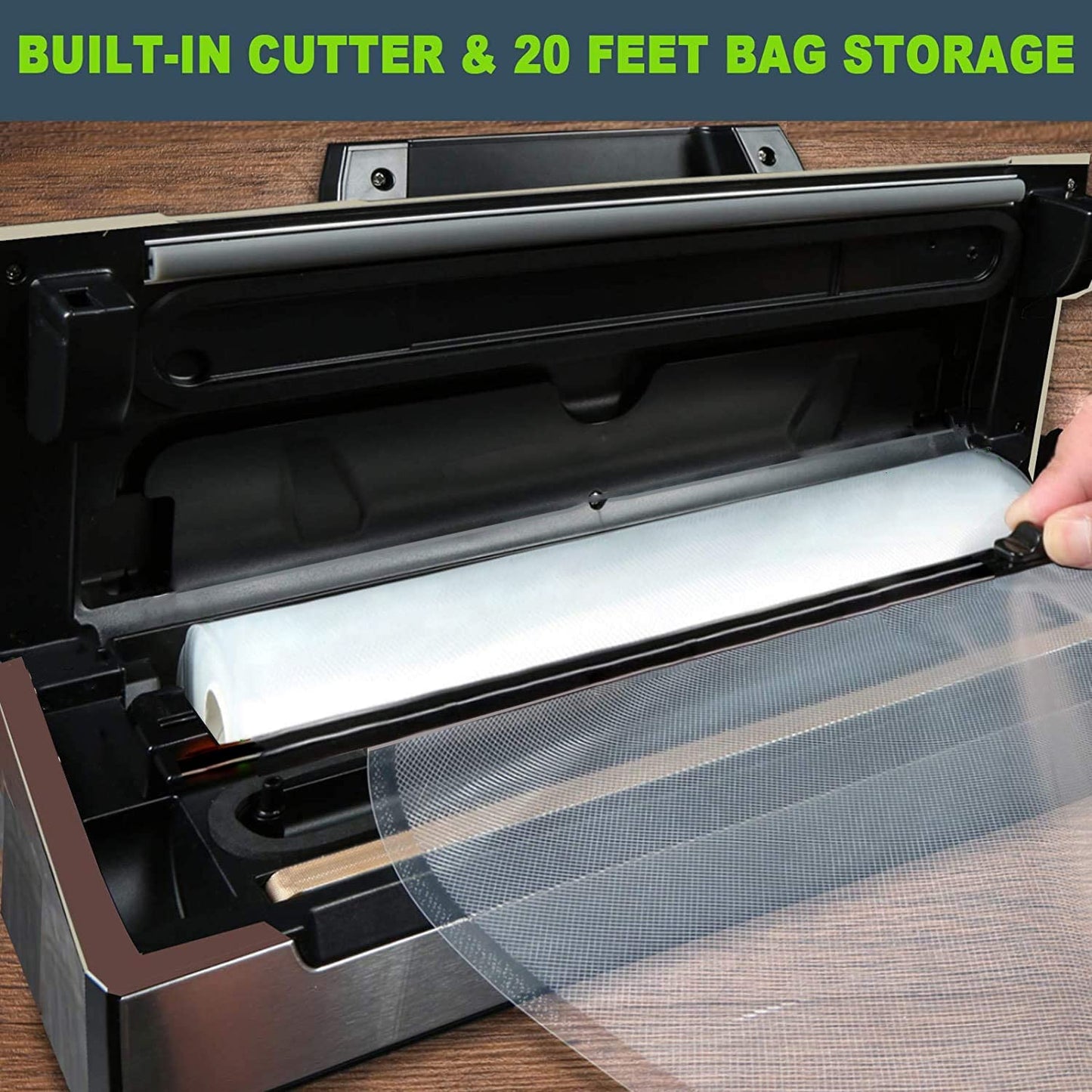 Potane Precision Vacuum Machine,Pro Food Sealer with Built-in Cutter and Bag Storage(Up to 20 Feet Length), Both Auto Manual Options,2 Modes,Includes 2 Bag Rolls 11”x16’ and 8”x16’,Compact Design
