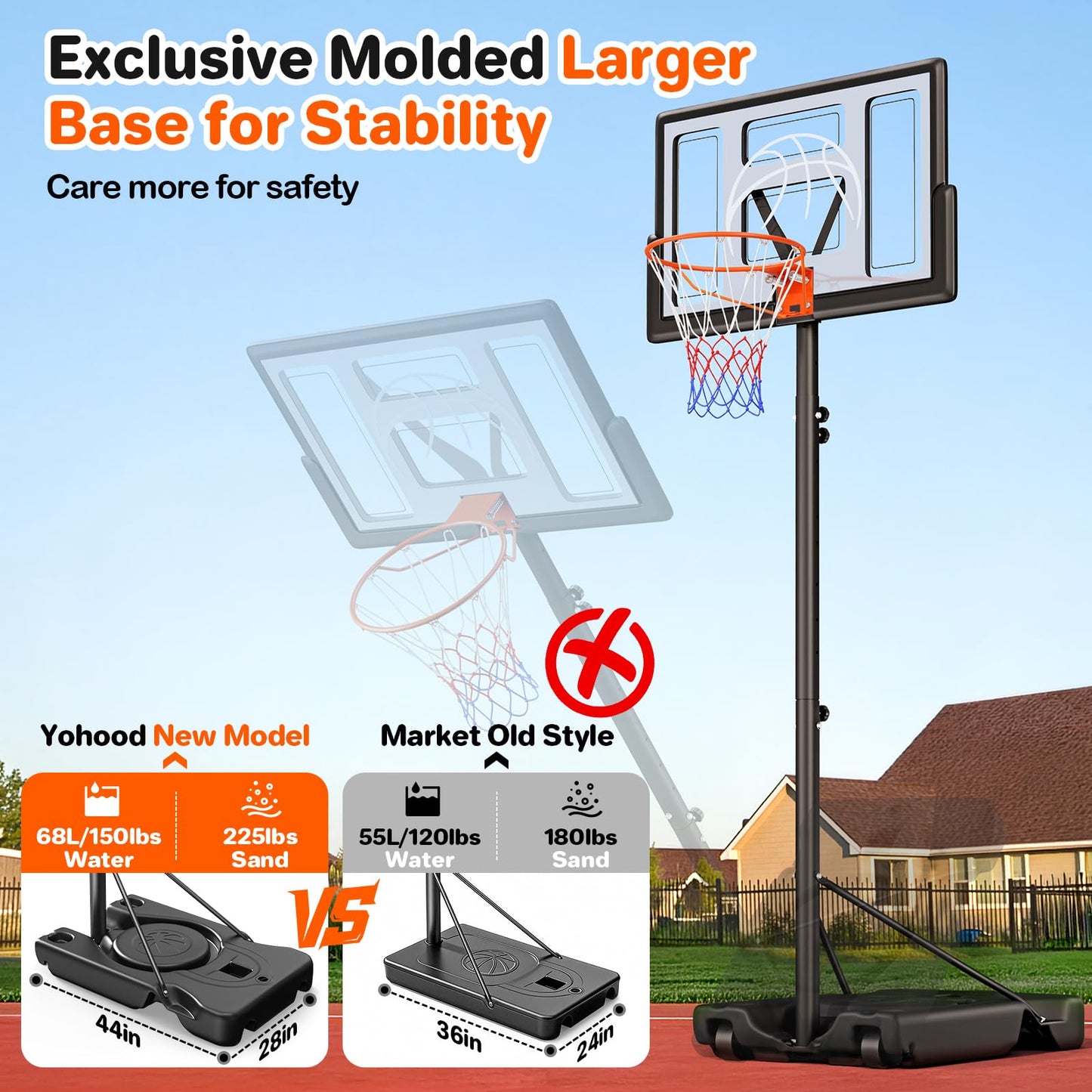 Yohood Basketball Hoop Outdoor 10ft Adjustable, Portable Basketball Hoop Goal System for Kids Youth and Adults in Backyard/Driveway/Indoor, 44 Inch Shatterproof Backboard and Larger Base