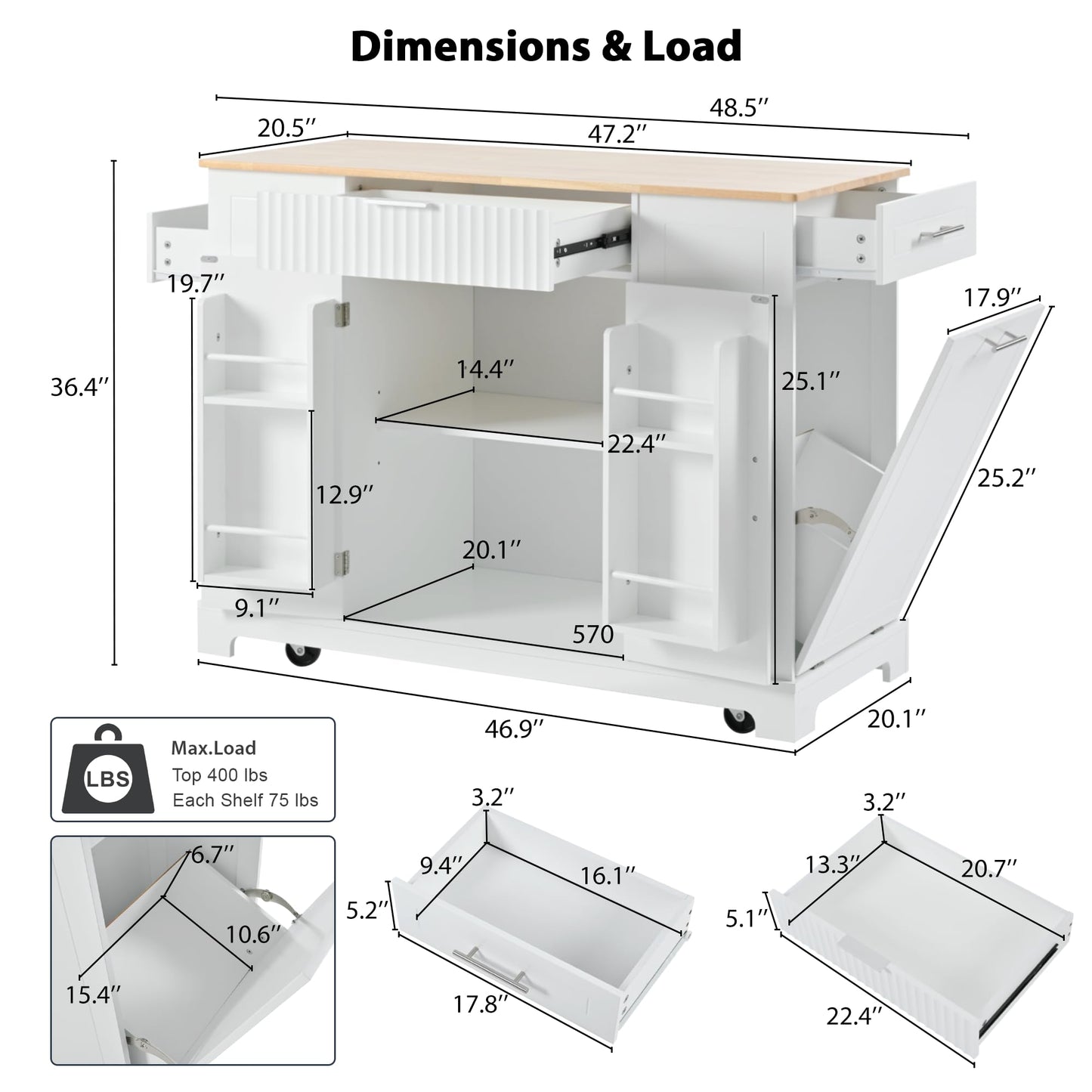 Amposei Modern Kitchen Storage Island with Trash Can Cabinet & Power Outlet, Rolling Kitchen Island Cart on Wheels with Open Side Shelves and Towel Rack, 53-Inch, White