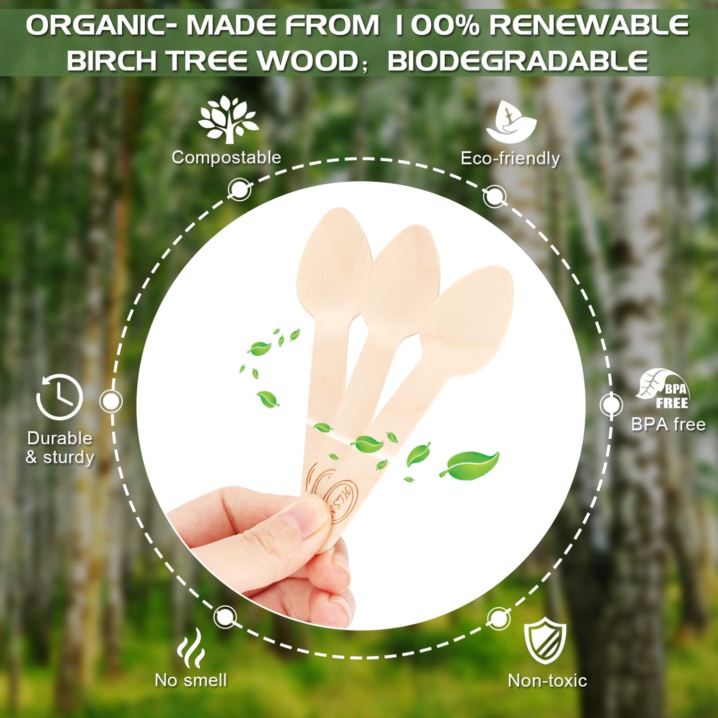 HLSN 200pcs 4 inch Mini Wooden Spoons, Biodegradable CompostableNatural Birchwood, Food Grade Disposable Wooden Cutlery for Parties, Weddings, Camping