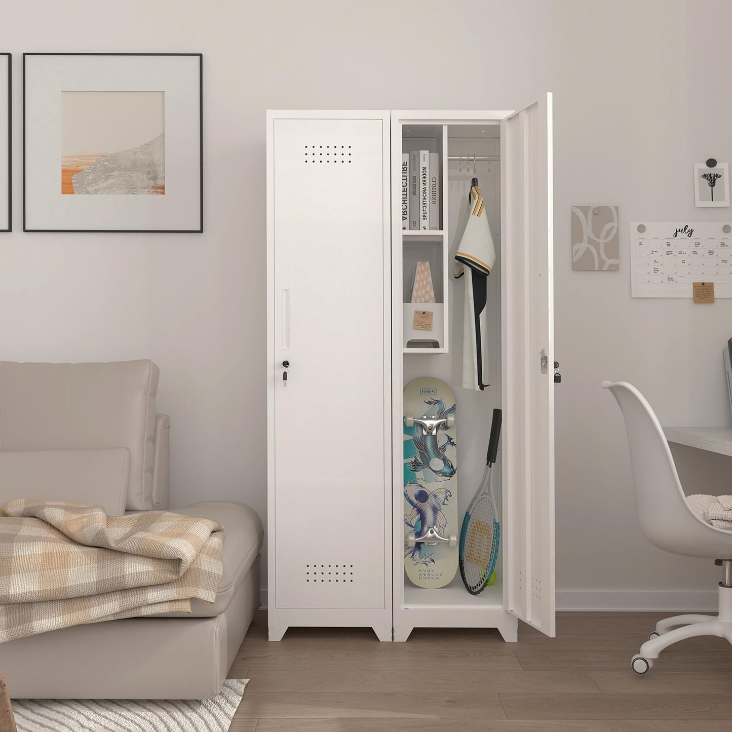 IRONFFICE Tall Broom Closet Storage Cabinet,Narrow Metal Storage Cabinets for Brooms and Mops,Slim Utility Cabinets with Doors,Broom Cabinet for Laundry,Living Room,Office,White