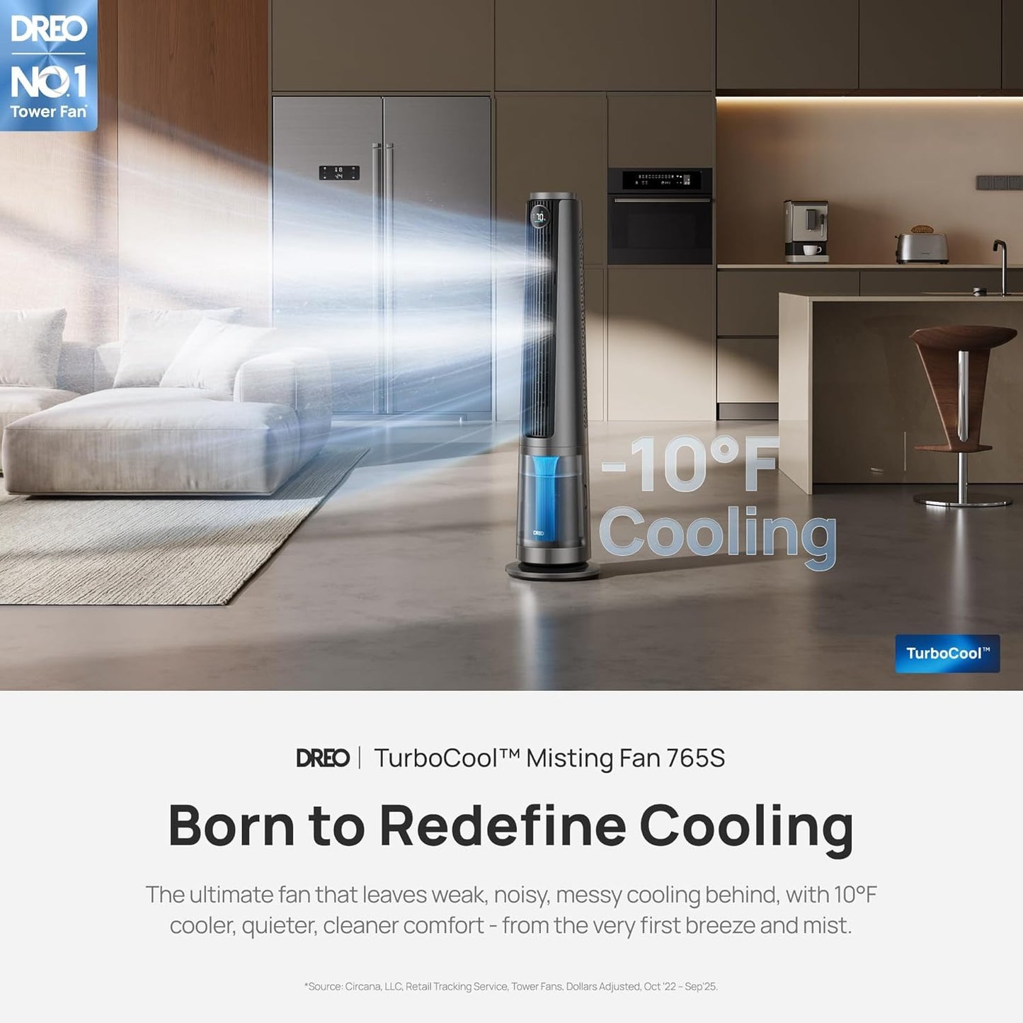 DREO TurboCool Misting Fan 765S, Tower Fans that Blow Cold Air, 10°F Cooling, 34ft/s Fast Standing Fan, 6L Tank, 20 dB Quiet DC Motor, 90° Smart Oscillating Fan with 12 Speeds, 4 Modes for Home, Grey