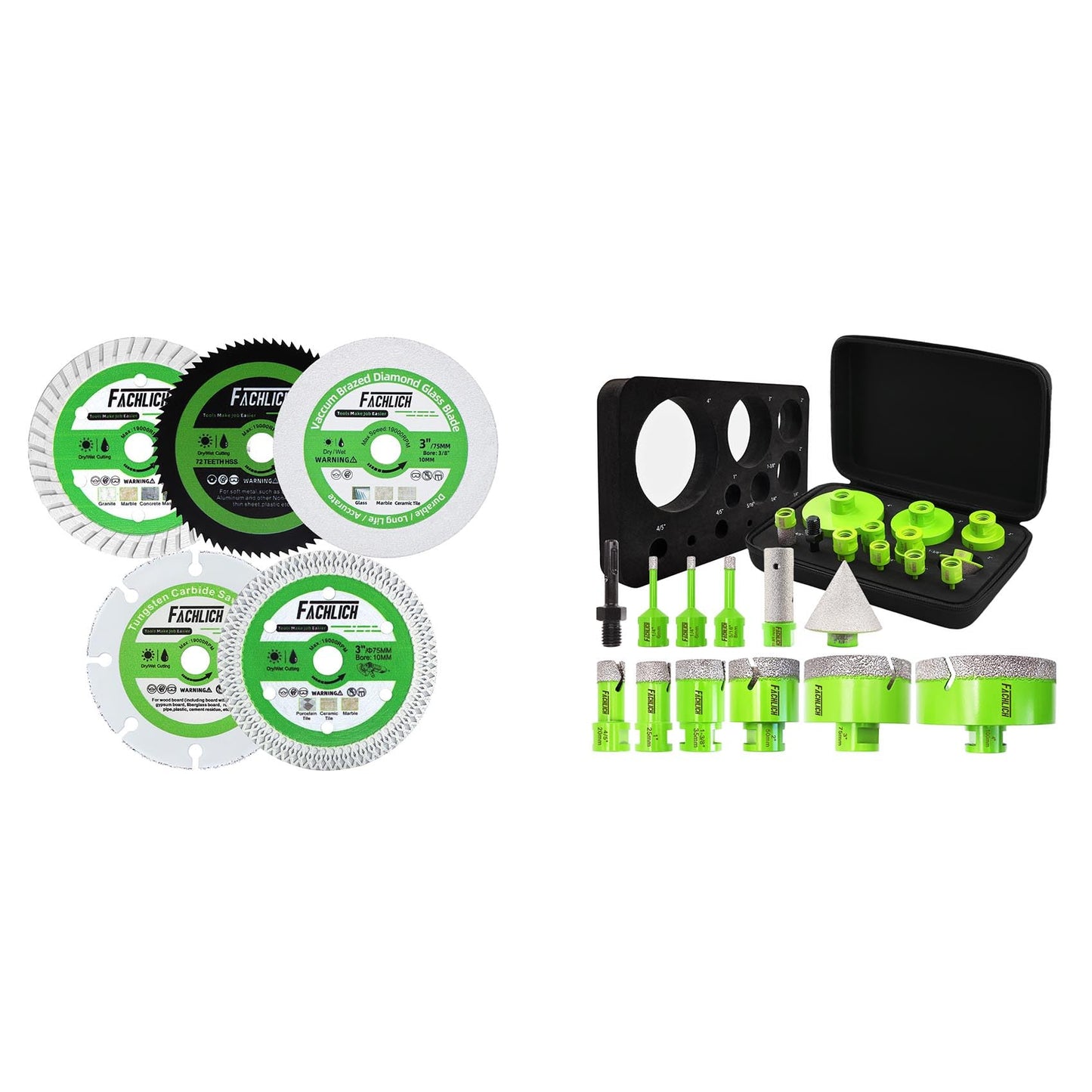 Mini 3 inch Diamond Blades - FACHLICH Cutting Disc and FACHLICH Tile Hole Saw Kit - 12pcs Diamond Core Drill Bits Set 1/4" 5/16" 4/5" 1" 1-3/8" 2" 3" 4" with 4/5" Finger Bit 2" Beveling Chamfer Bit