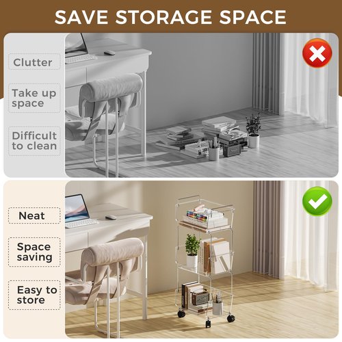 Delamu 3 Tier Rolling Cart for Kitchen, Bathroom, Office, Acrylic Utility Storage Carts with 2 Lockable Wheels, Ideal for Small Spaces, Pantry, Classroom, Makeup Organizer, Dorm Storage, Clear