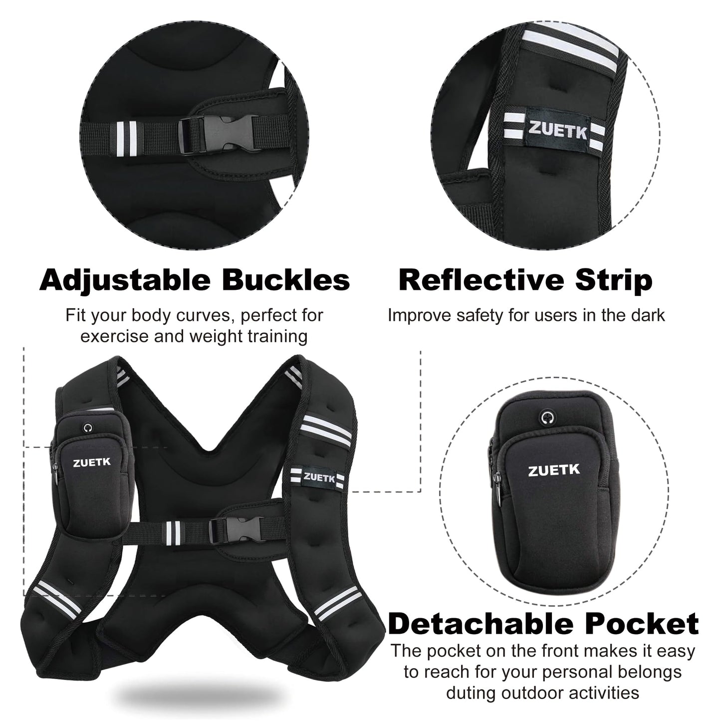 ZUETK Weighted Vest, 5lb/6lb/8lb/10lb/12lb/16lb/20lb/25lb/30lb Weight Vest with Reflective Stripe, Weighted Vest for Men Women Workout Equipment for Strength Training, Running, Jogging, Weight Loss