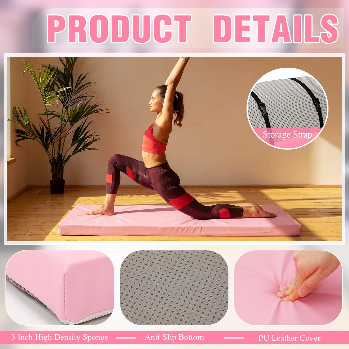 Lyrow 3 Inch 72"x 24" Thick Foldable Yoga Mat with Carry Strap, Non-slip Portable Foam Gym Mat for Yoga, Pilates and Stretching(Peach Pink)