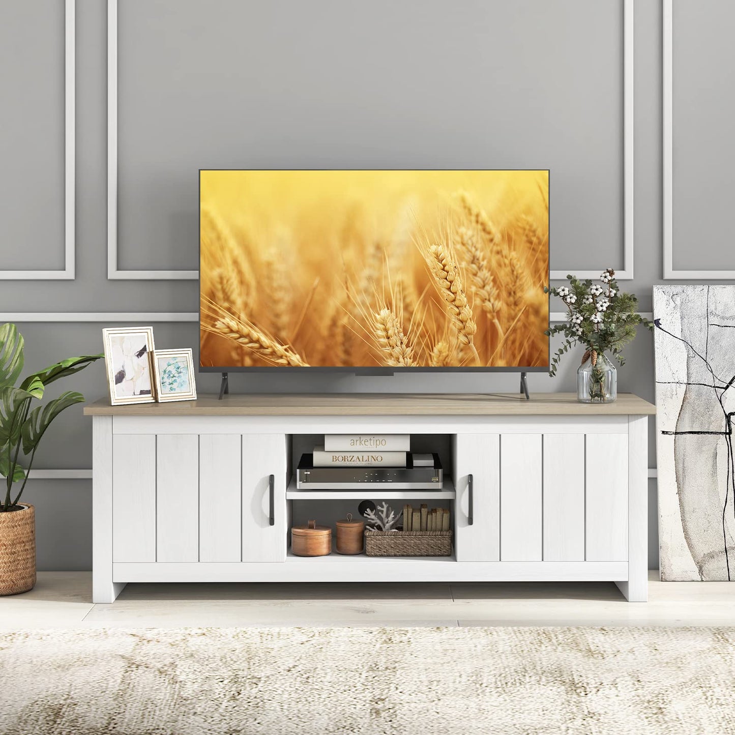 Tangkula 2 Doors TV Stand for TVs up to 65”, 57” Media Console Table w/ 2 Cabinets & Open Shelves, 2 Cable Management Holes. Wood Entertainment Center Cabinet for Living Room (White Oak)